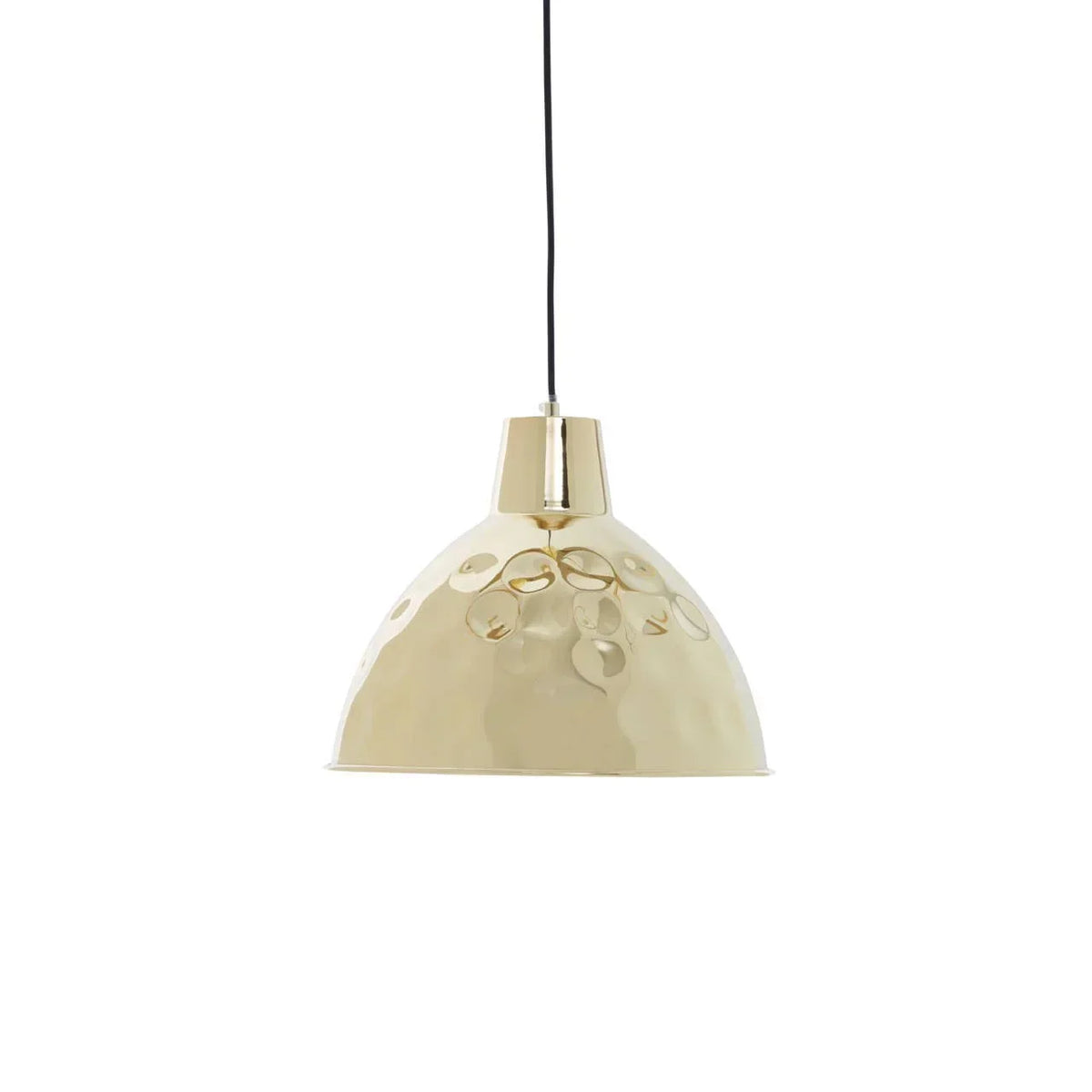 Gold hammered metal pendant light with dome shade and black cord, white background