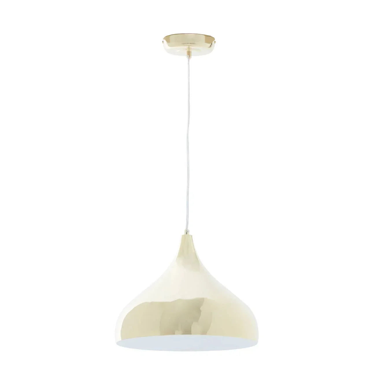 Polished gold pendant light with curved metal shade and white interior, suspended from ceiling