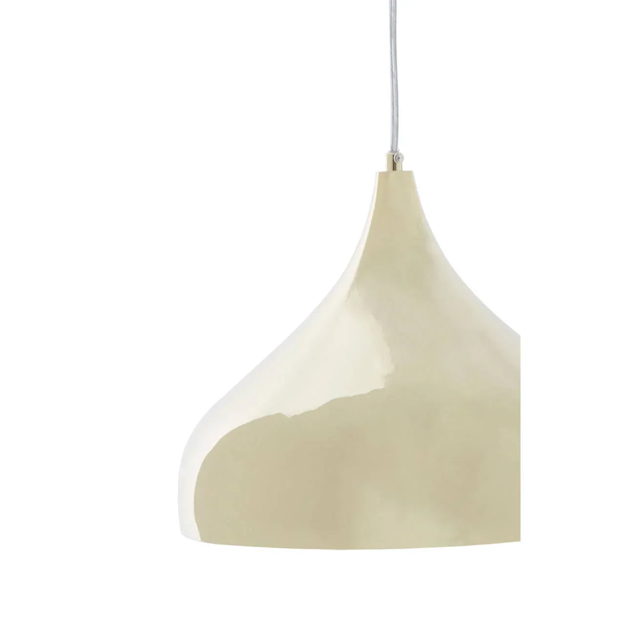 Cream metal pendant light with curved shade and visible hanging cord