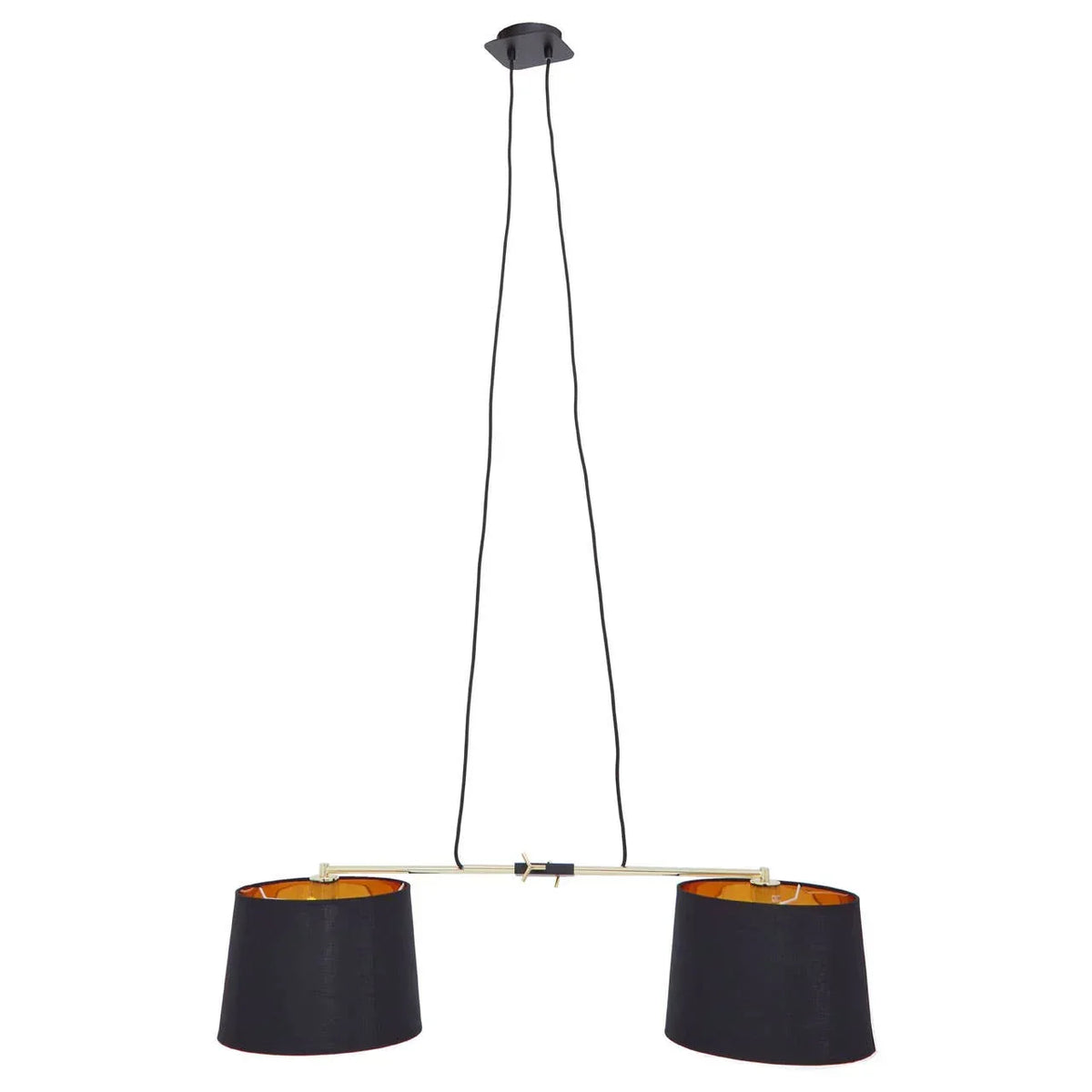 Double black pendant ceiling light with gold inner shades and metal bar suspension