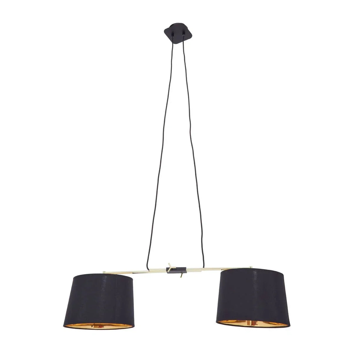 Modern pendant light with twin black fabric shades and metal bar suspension