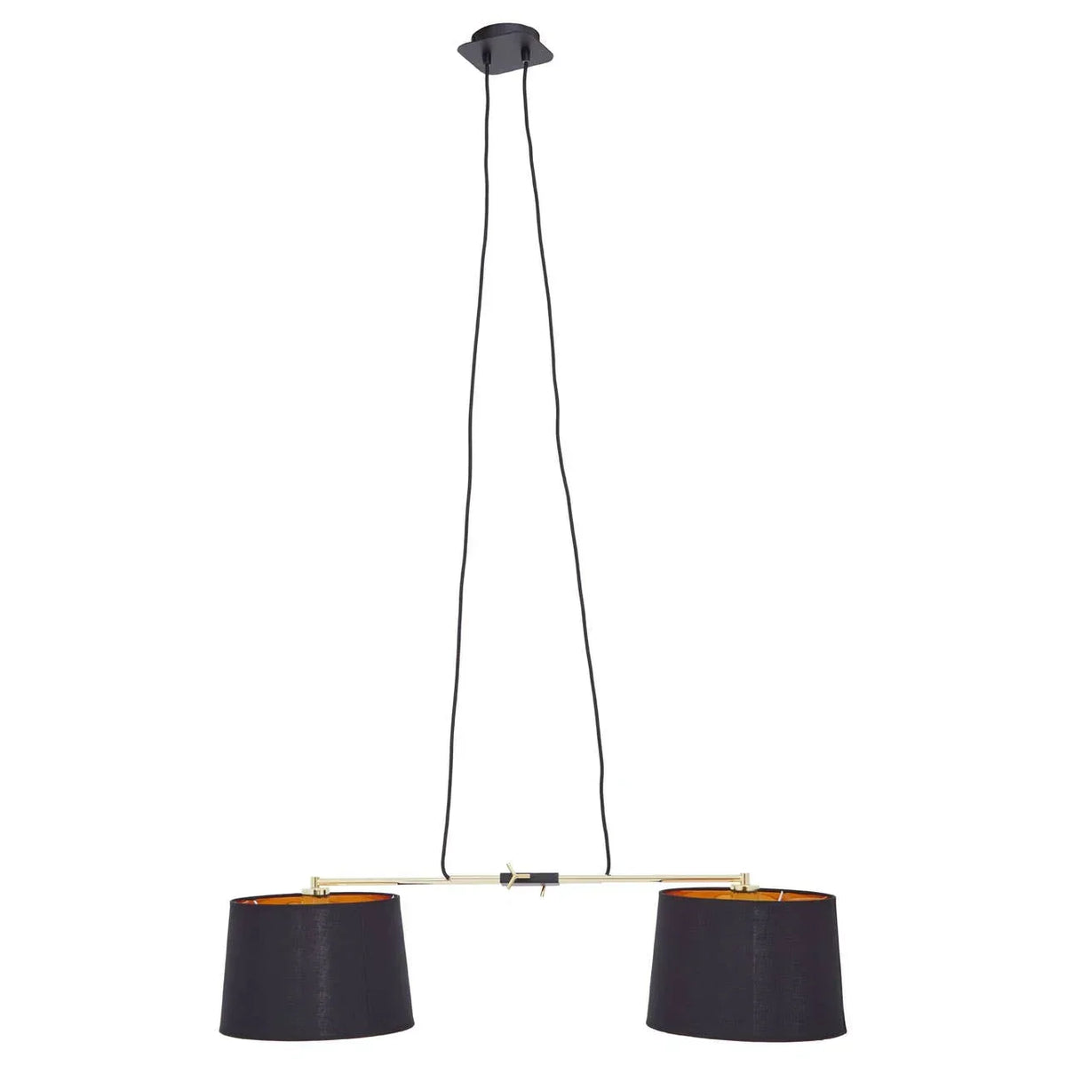 Modern ceiling pendant light with two black fabric lampshades and gold metal bar