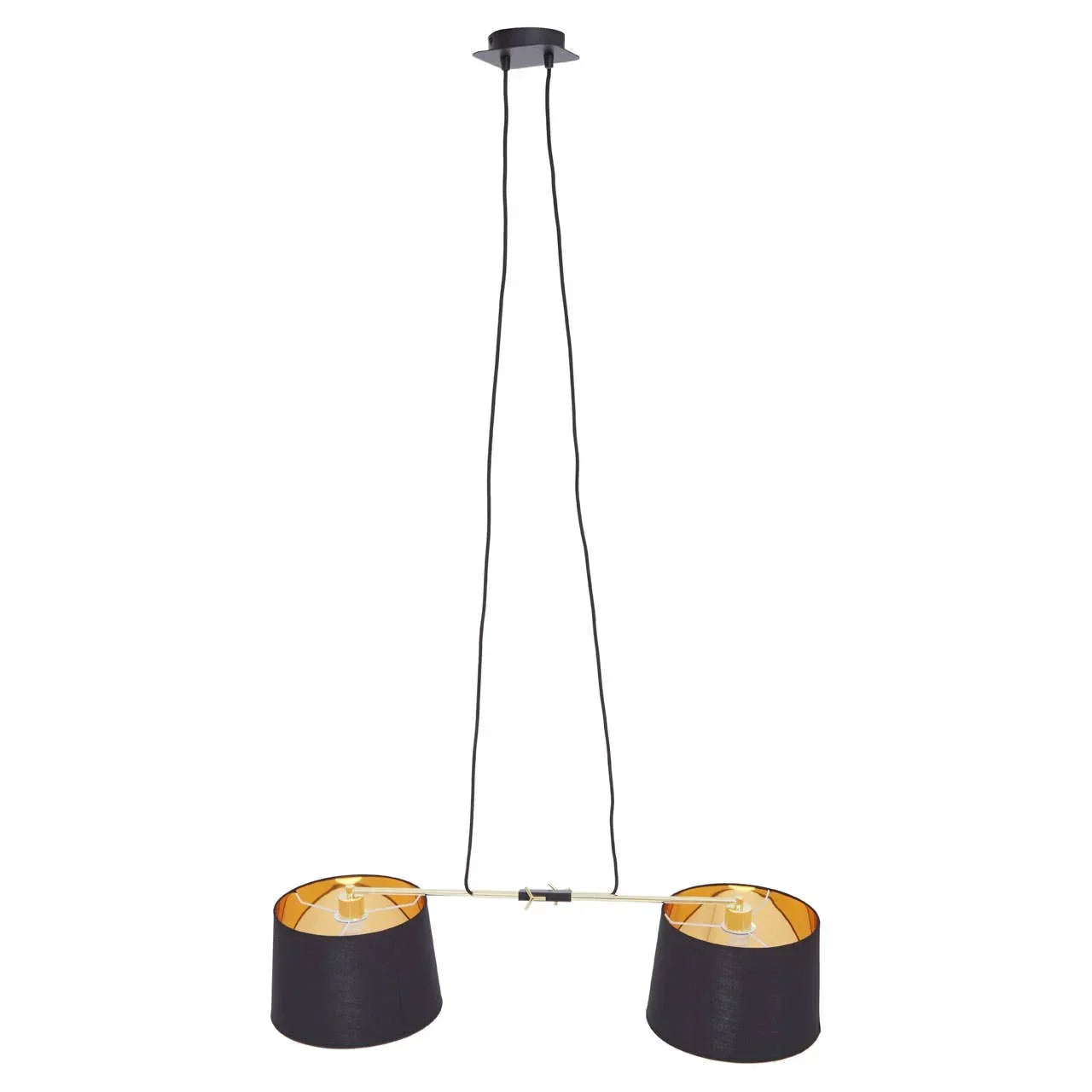 Modern pendant ceiling light with two black fabric shades and gold interior lining