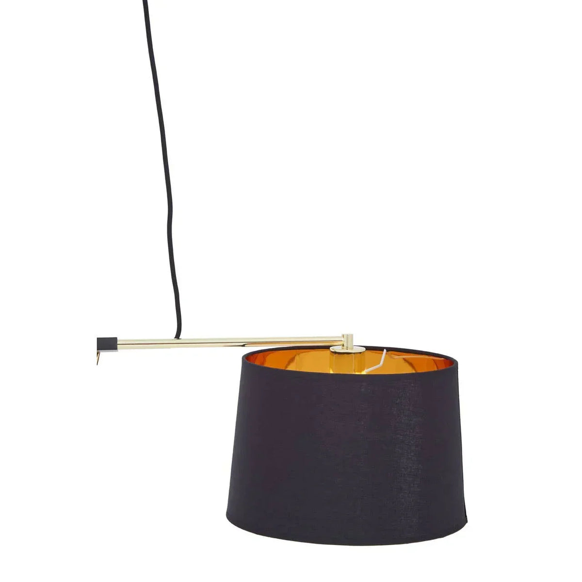 Black fabric pendant lamp with gold inner shade and horizontal gold rod detail