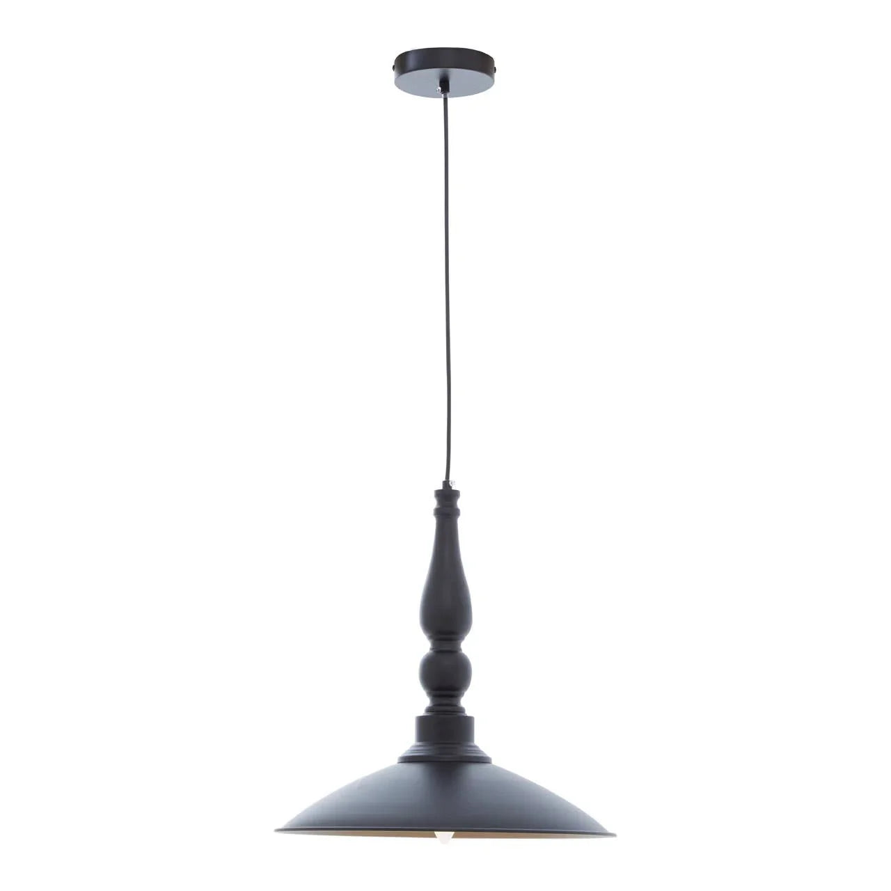 Black metal pendant ceiling light with turned stem and wide shade on white background