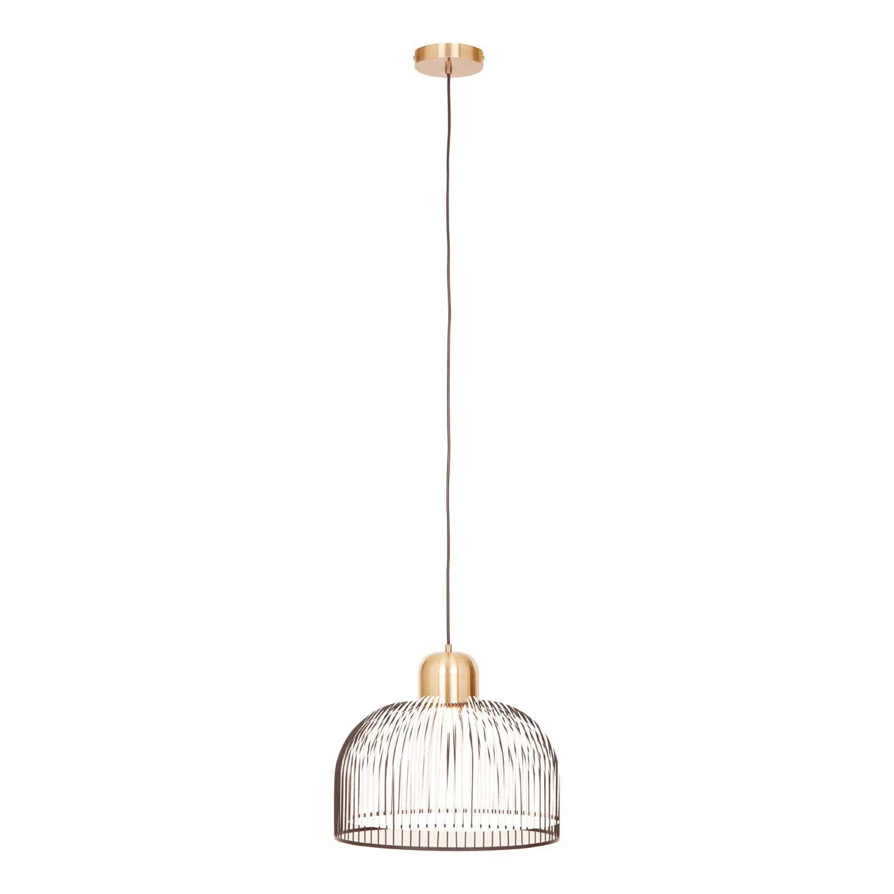 Gold metal wire pendant light with dome shade on white background