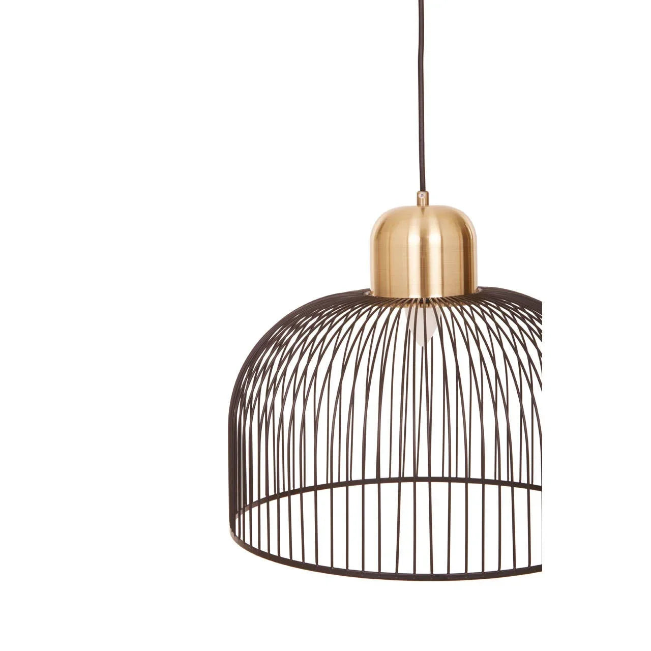 Metal wire pendant light with gold dome top and black open cage shade