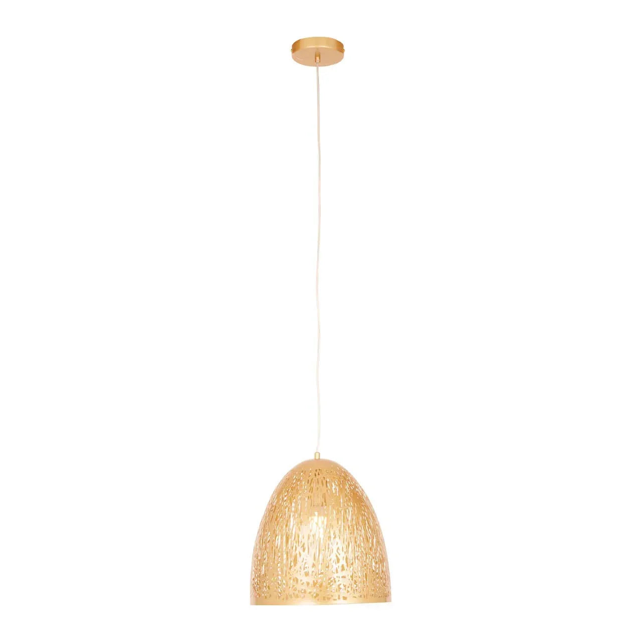 Natural rattan pendant light with dome-shaped woven shade and gold ceiling mount