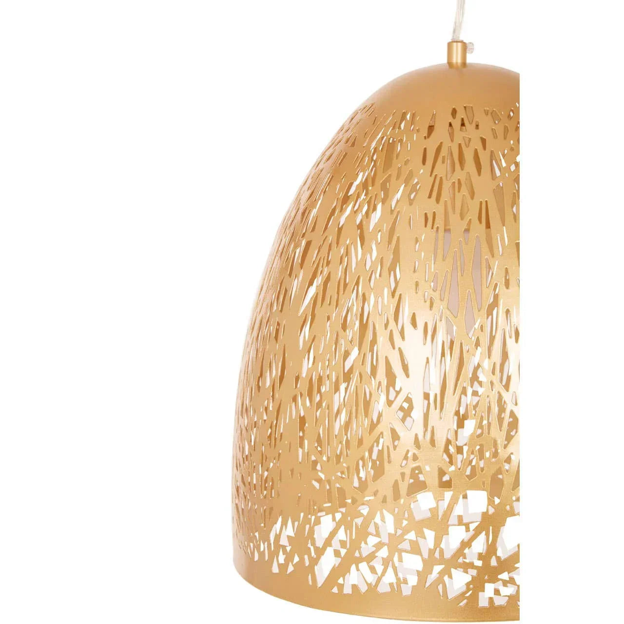 Gold metal pendant light shade with abstract cutout pattern, close-up view