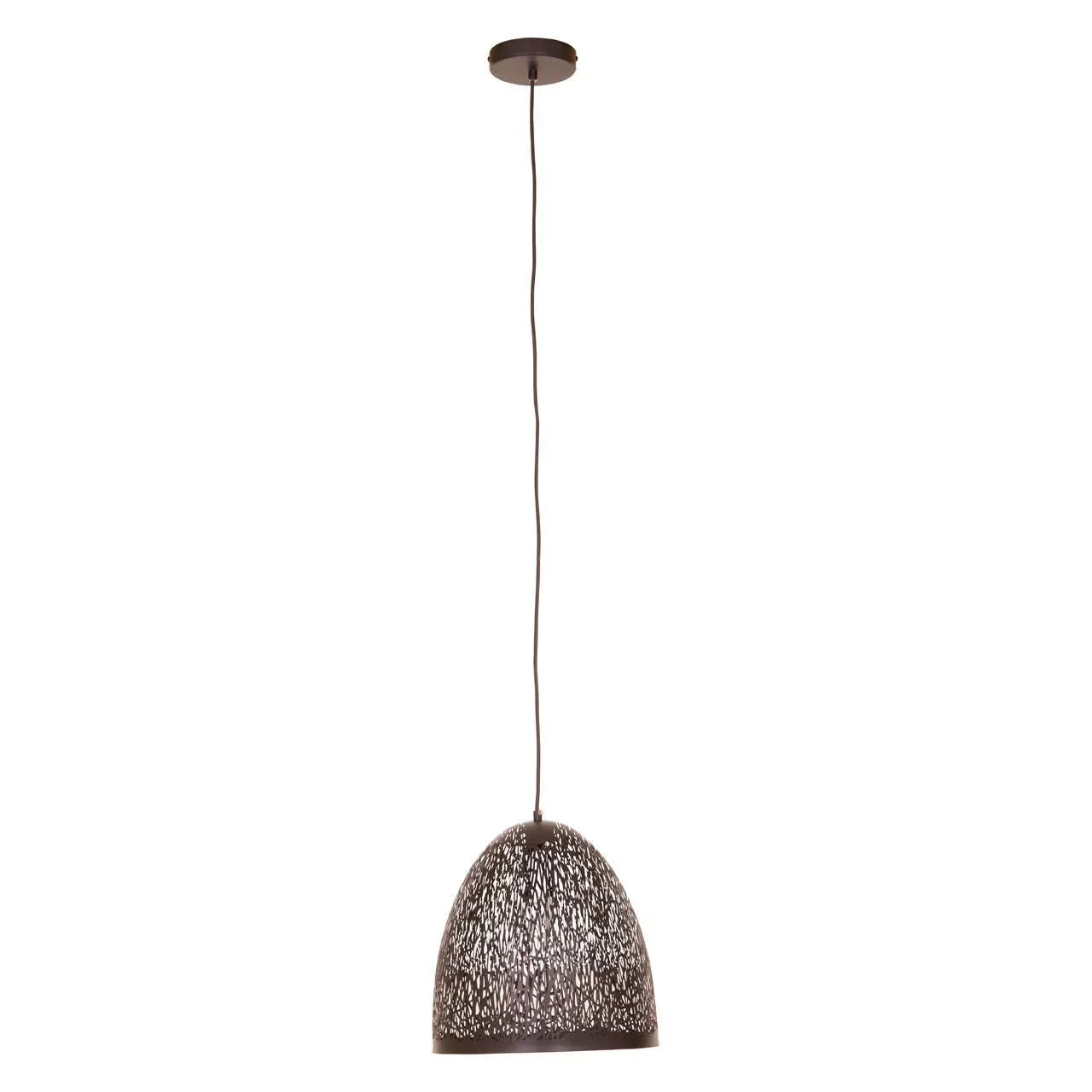 Brown metal pendant light with intricate cutout dome shade hanging from ceiling