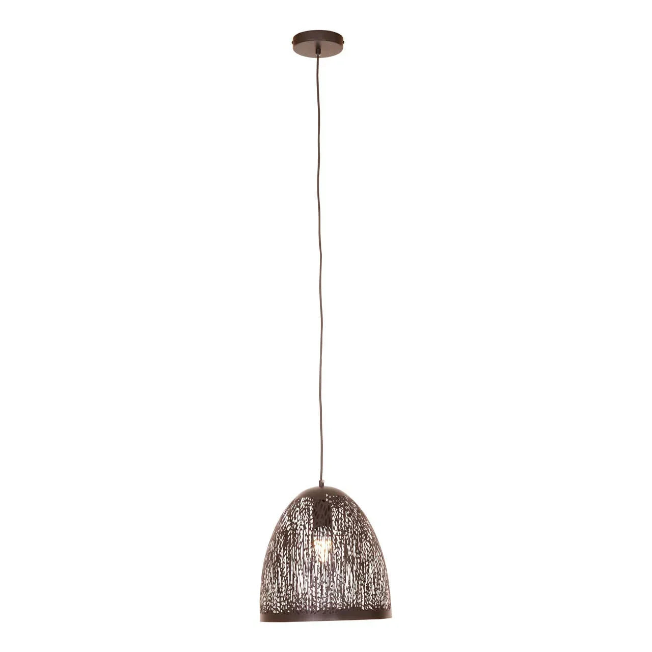 Brown dome metal pendant light with textured shade and hanging cable