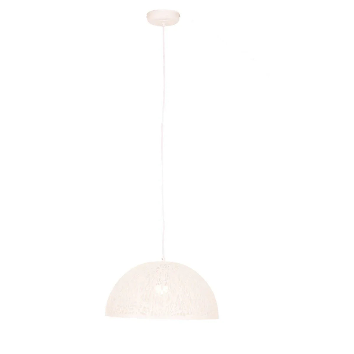 White dome pendant light with woven shade and long cord, ceiling mounted