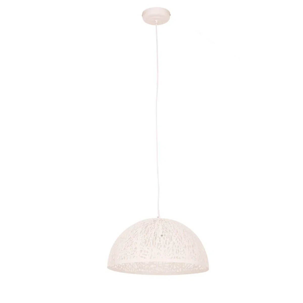 White pendant light with dome-shaped woven shade and ceiling mount