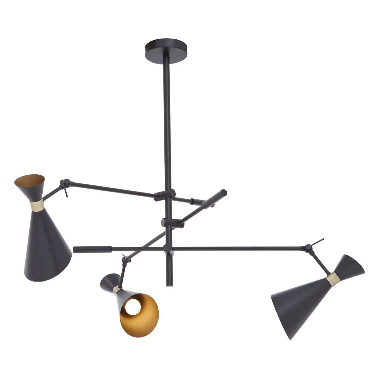 Black three arm ceiling light with gold interior shades and adjustable angles
