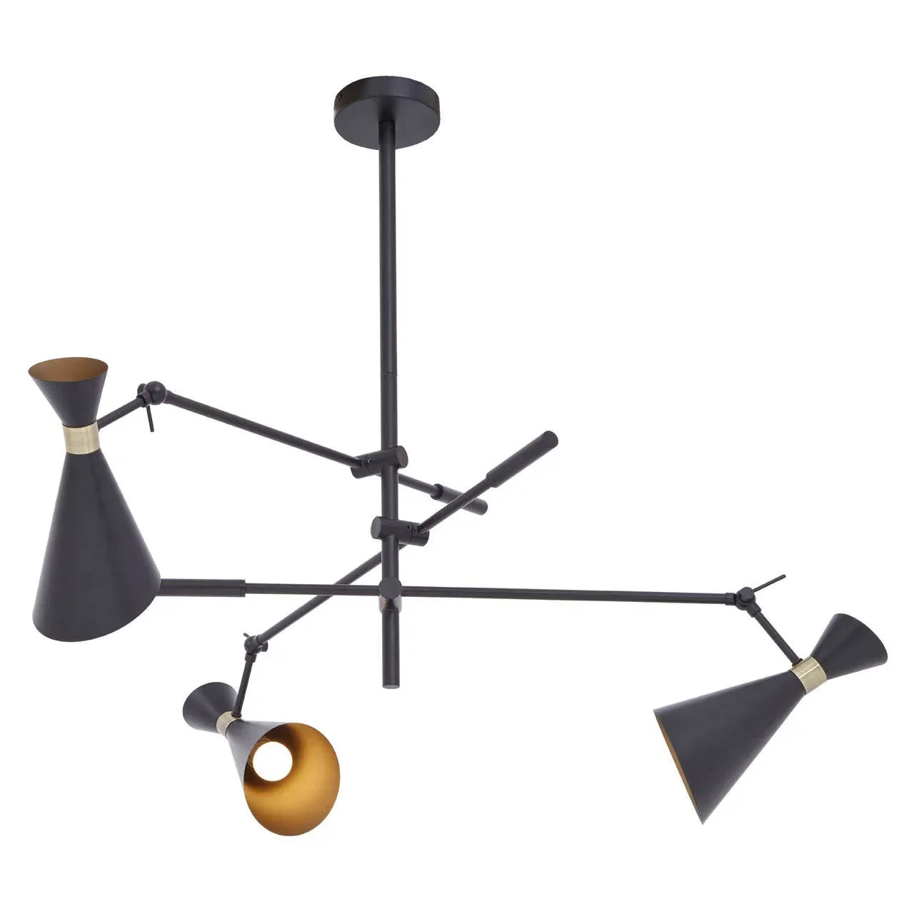Black metal ceiling light with three adjustable cone lamps and gold interior accents