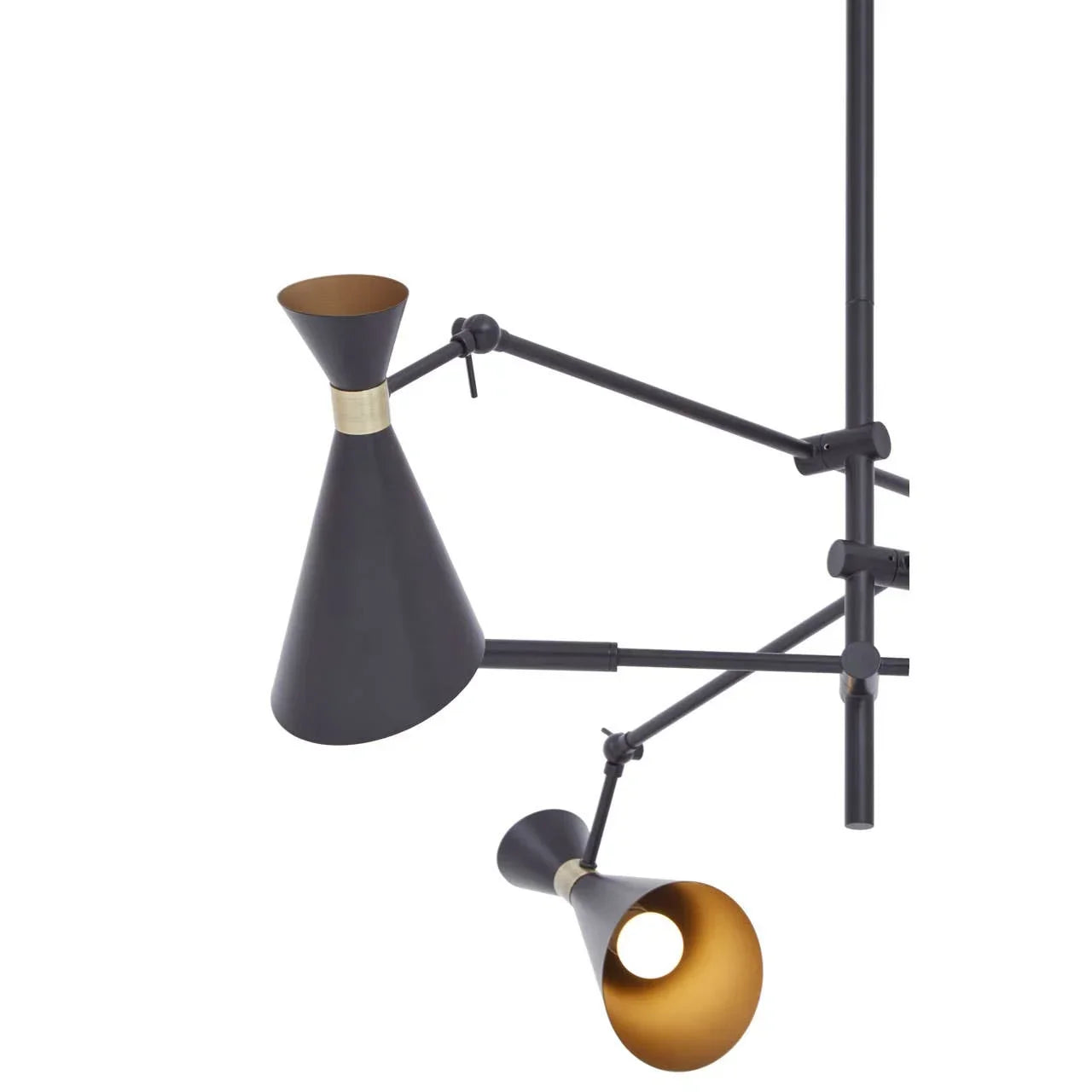 Black metal ceiling light with two adjustable cone shades and gold interior accents