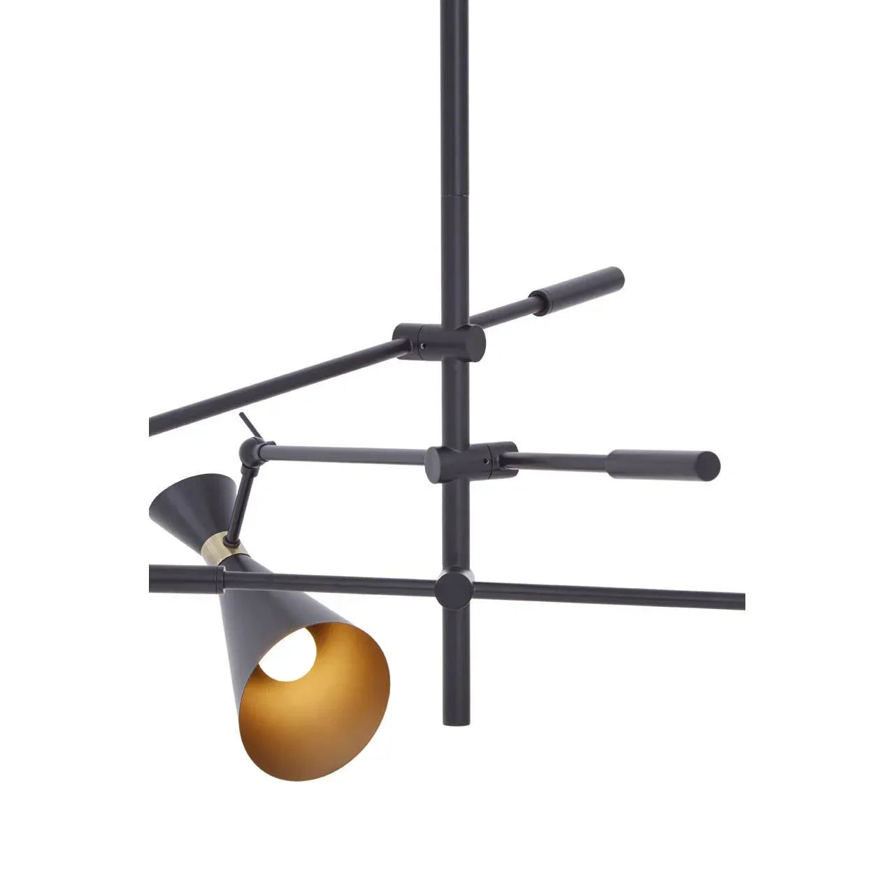 Black metal pendant light fixture with modern rod design and gold inner shade detail