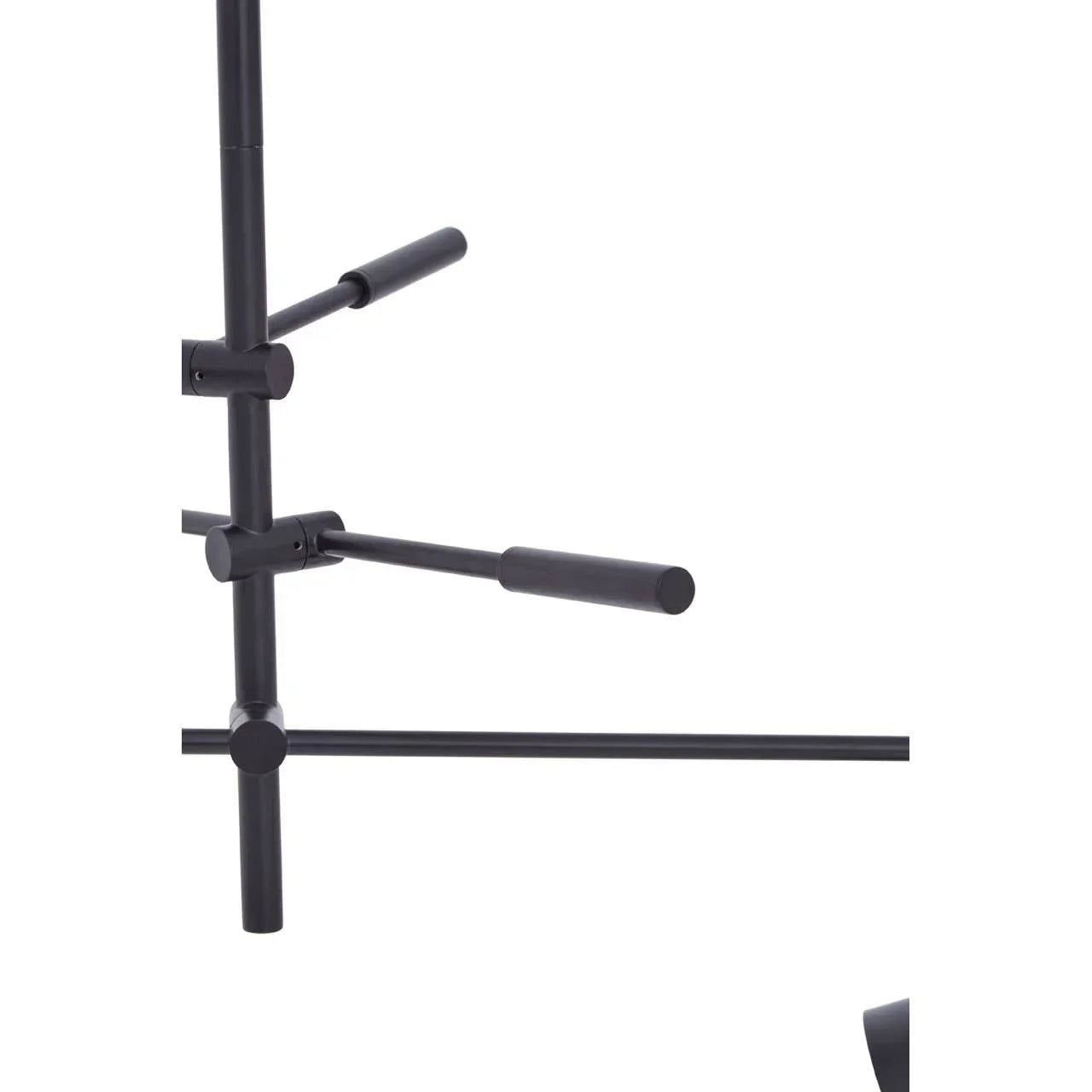 Black metal coat rack hooks closeup with cylindrical arms on white background