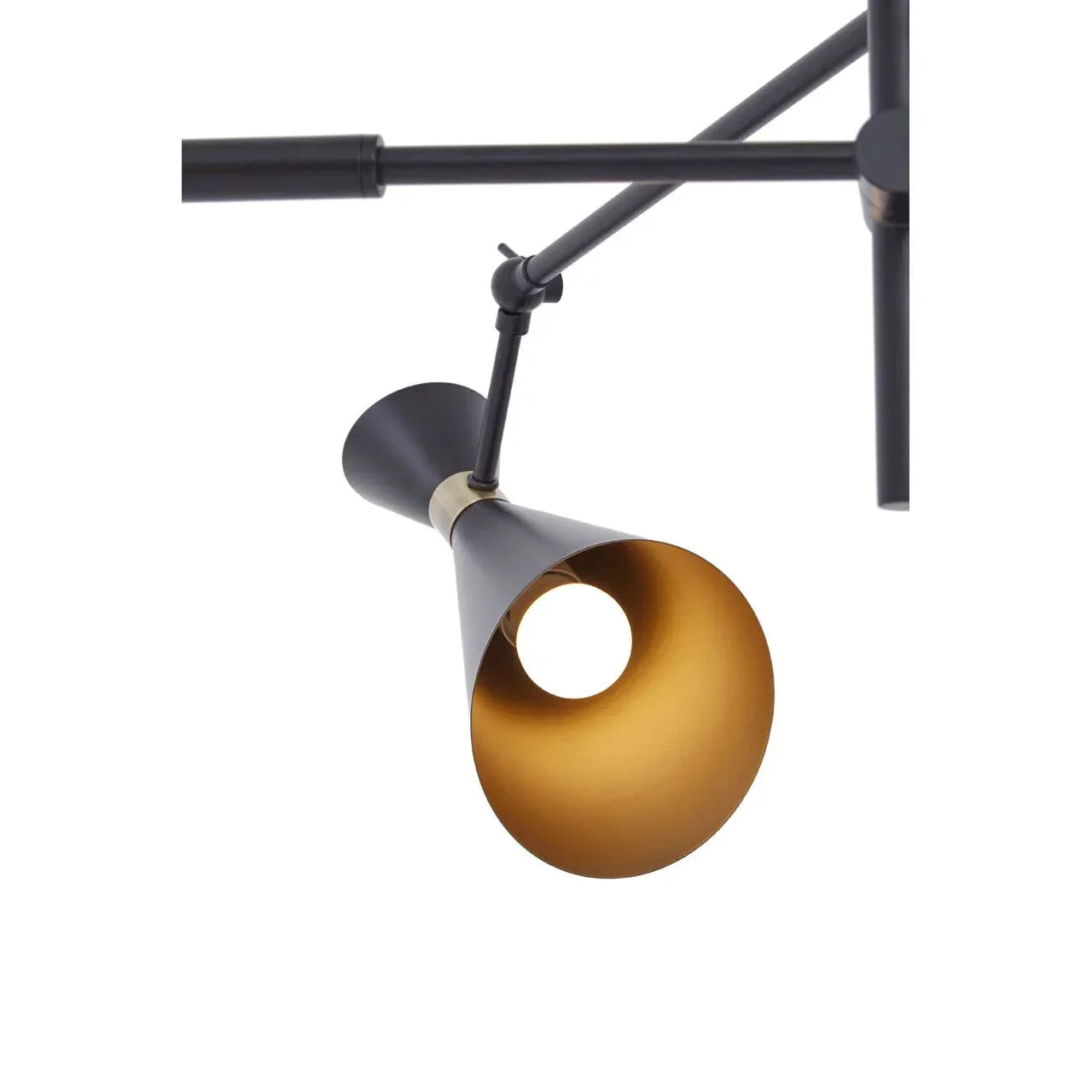 black and gold metal ceiling light fixture with adjustable arm and cone shade