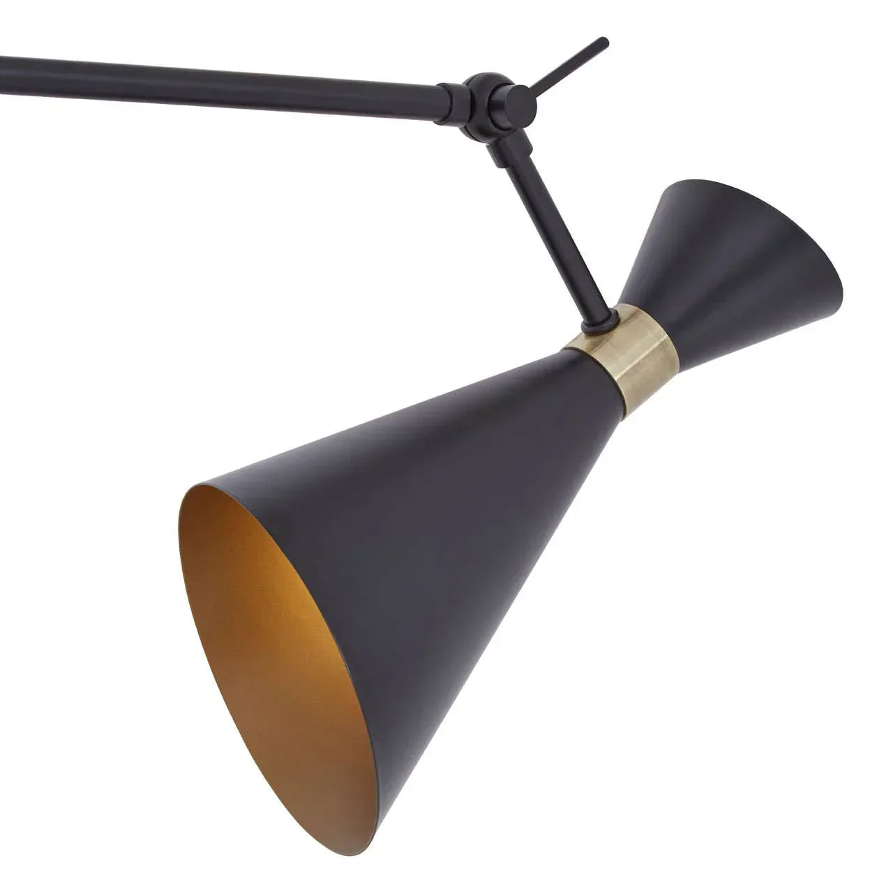 Black metal wall lamp with adjustable arm and gold inner shade, side angle view