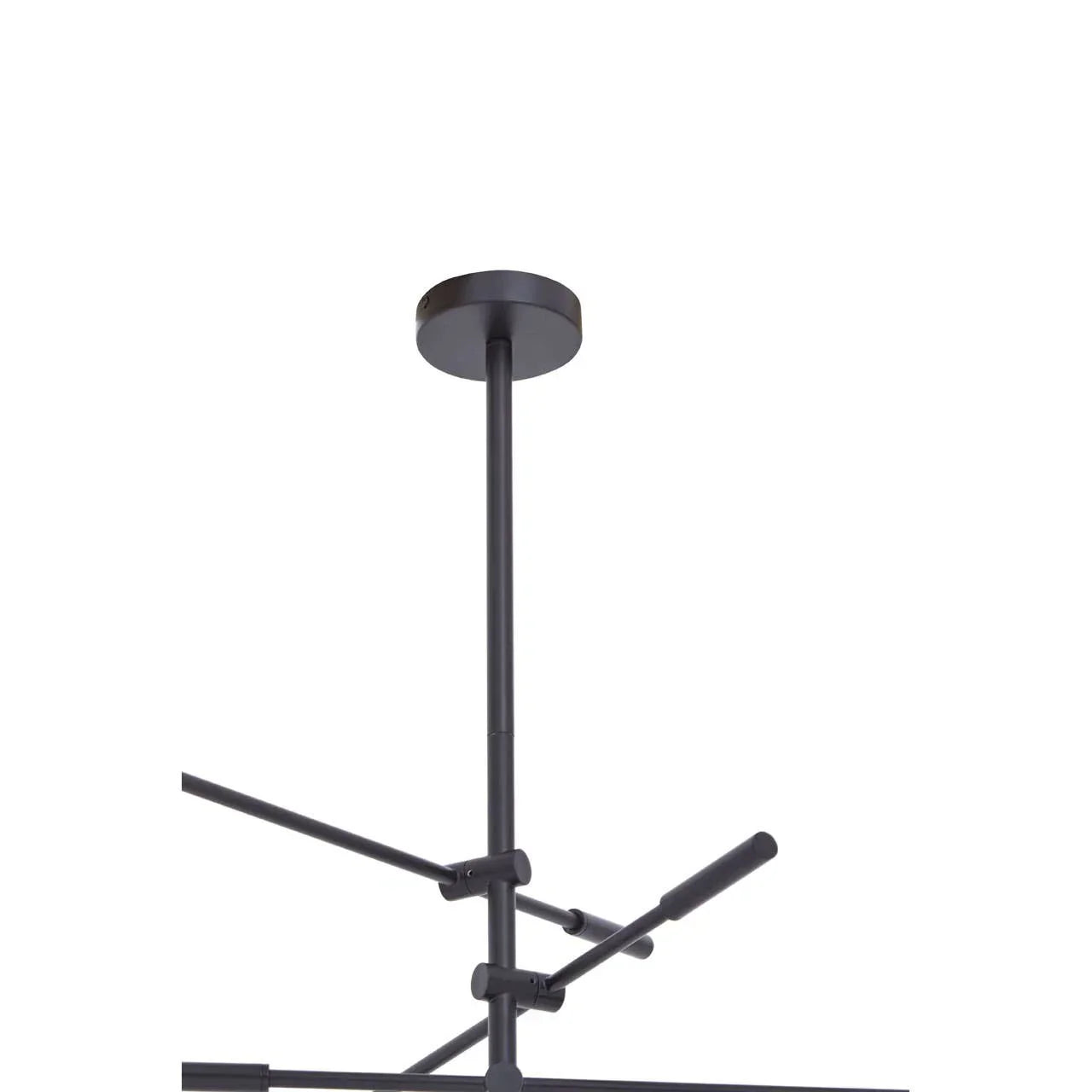 Black metal ceiling light fixture with multiple arms and central rod, close-up view