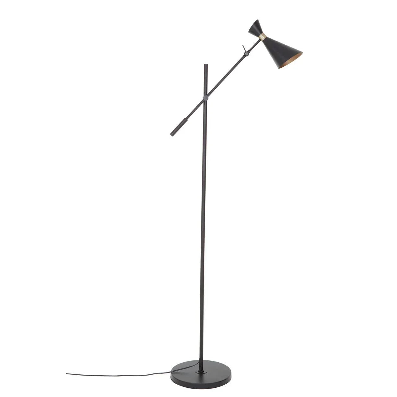 Black metal floor lamp with adjustable cone shade and round base