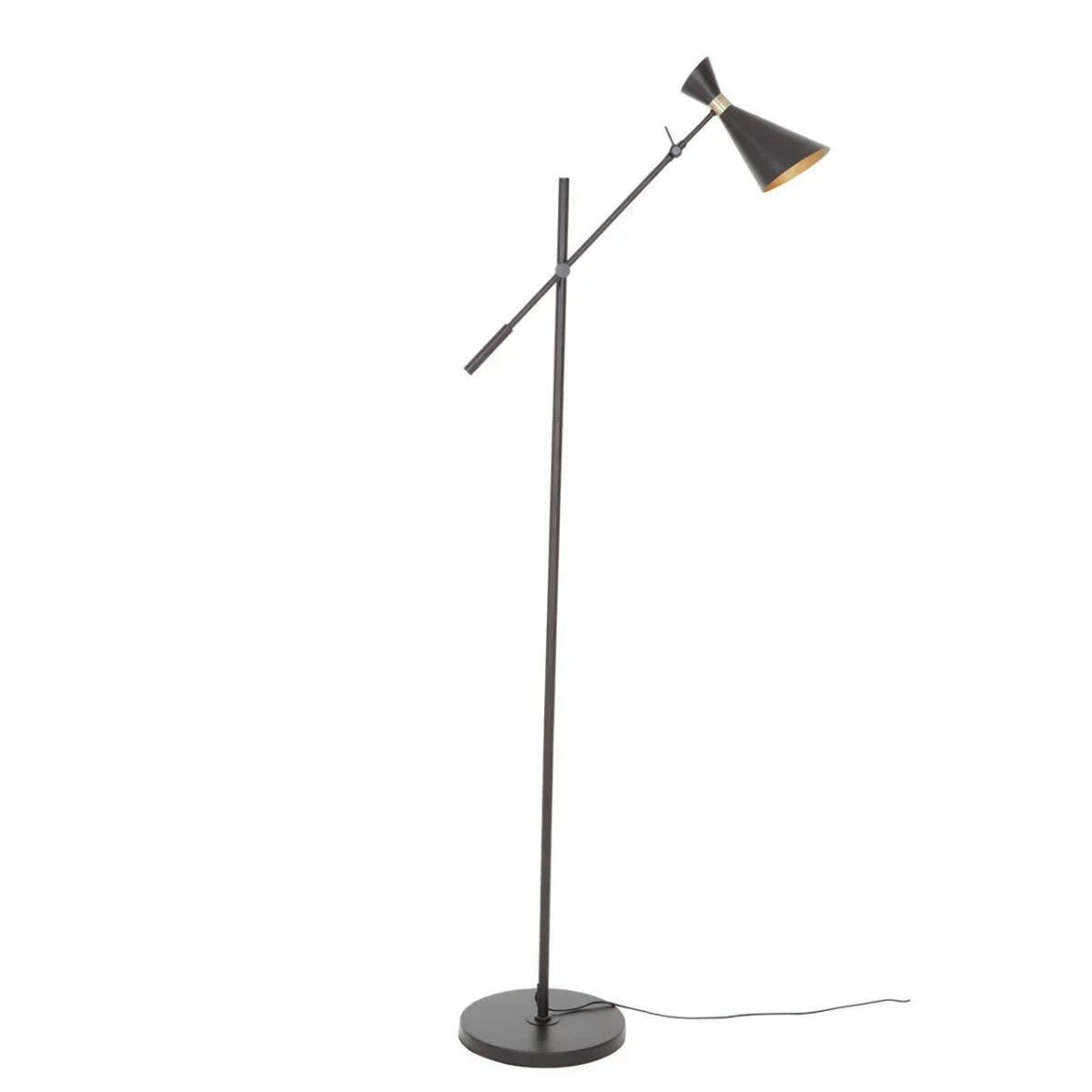 Black metal floor lamp with angled arm and cone shade on round base