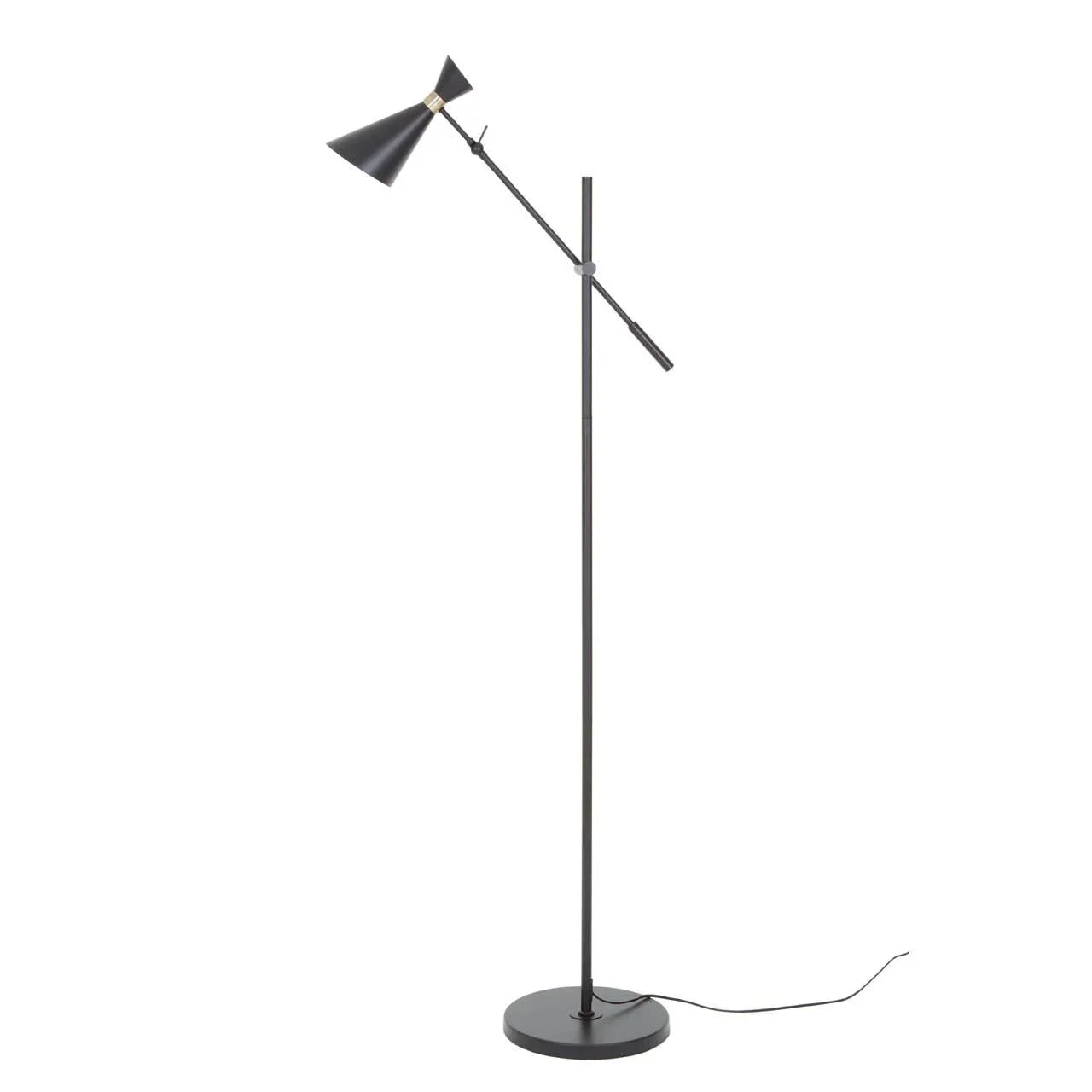 Black metal floor lamp with adjustable angled stem and conical shade on round base