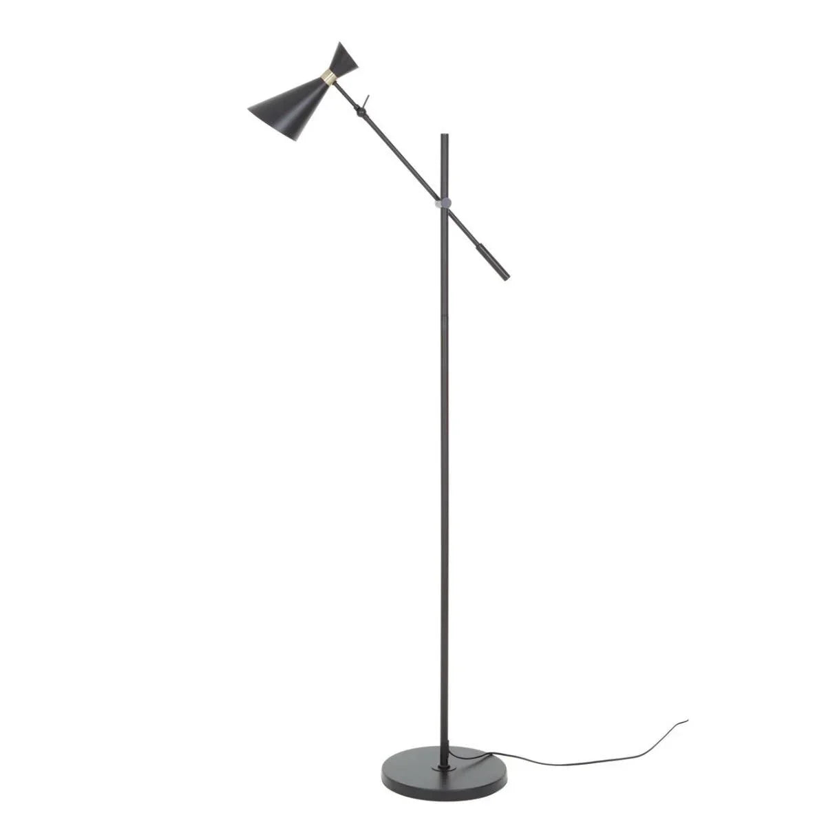Black metal floor lamp with adjustable arm and cone shade on round base