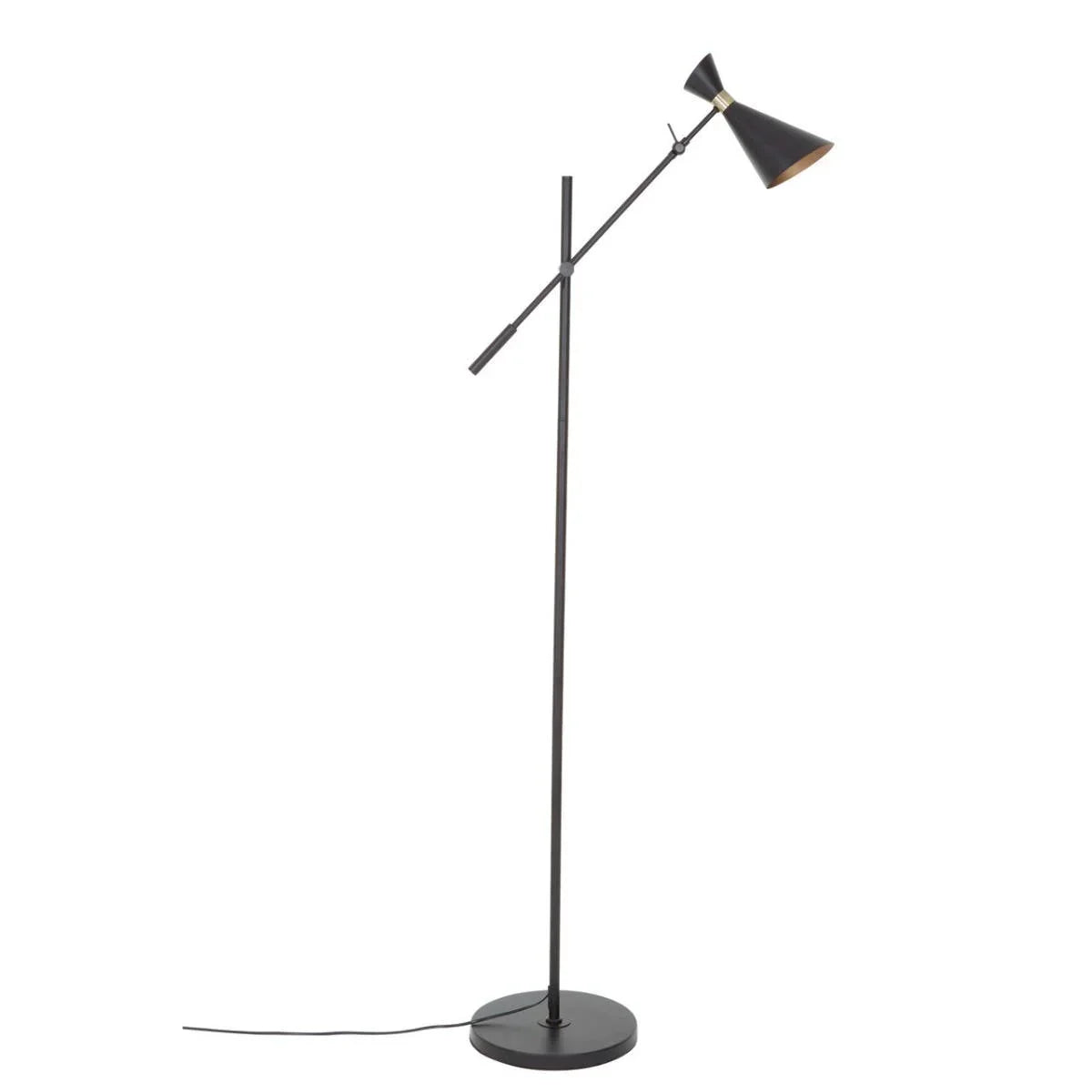 Black metal floor lamp with adjustable arm and cone-shaped shade on round base