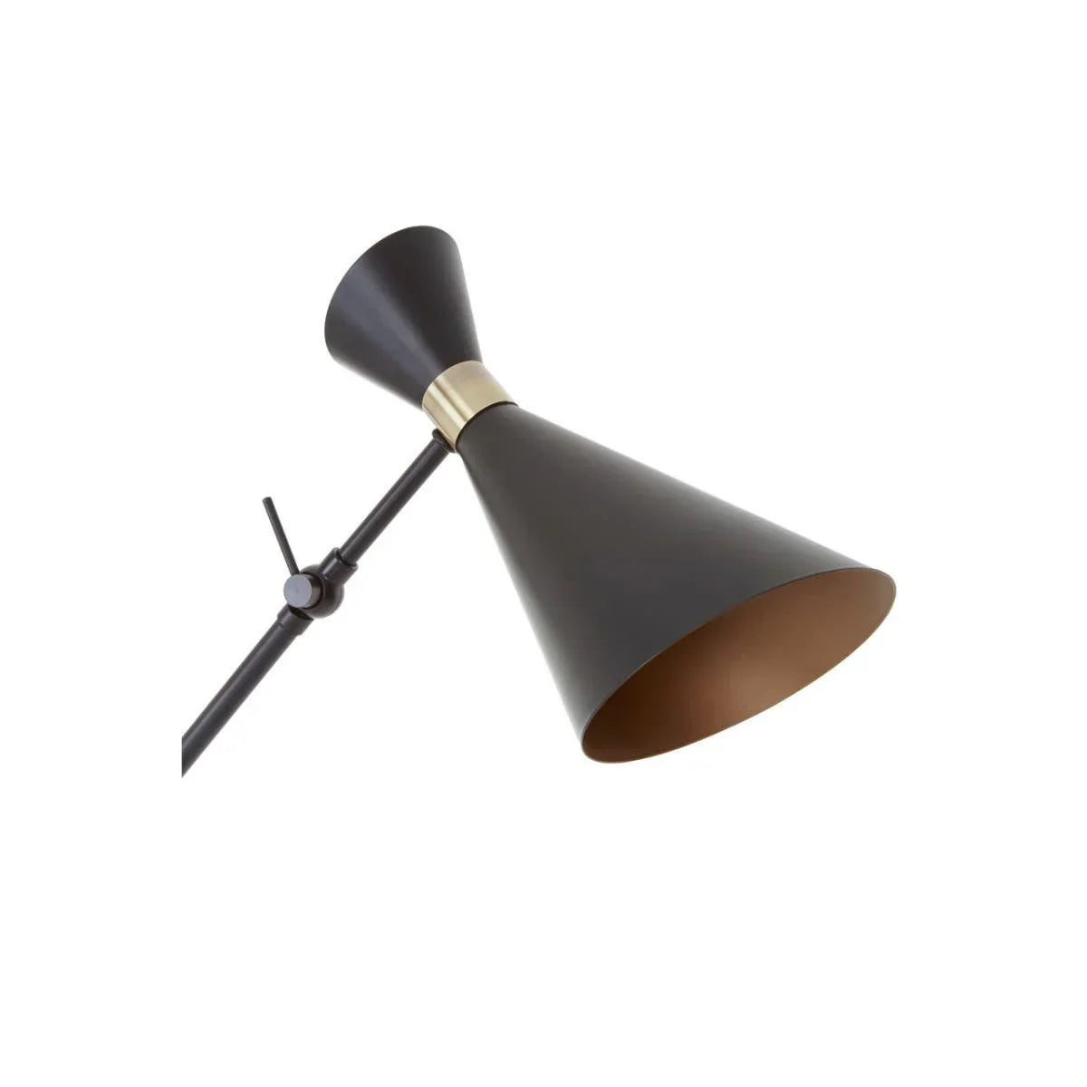 Black metal floor lamp with adjustable cone shade and brass accent detail