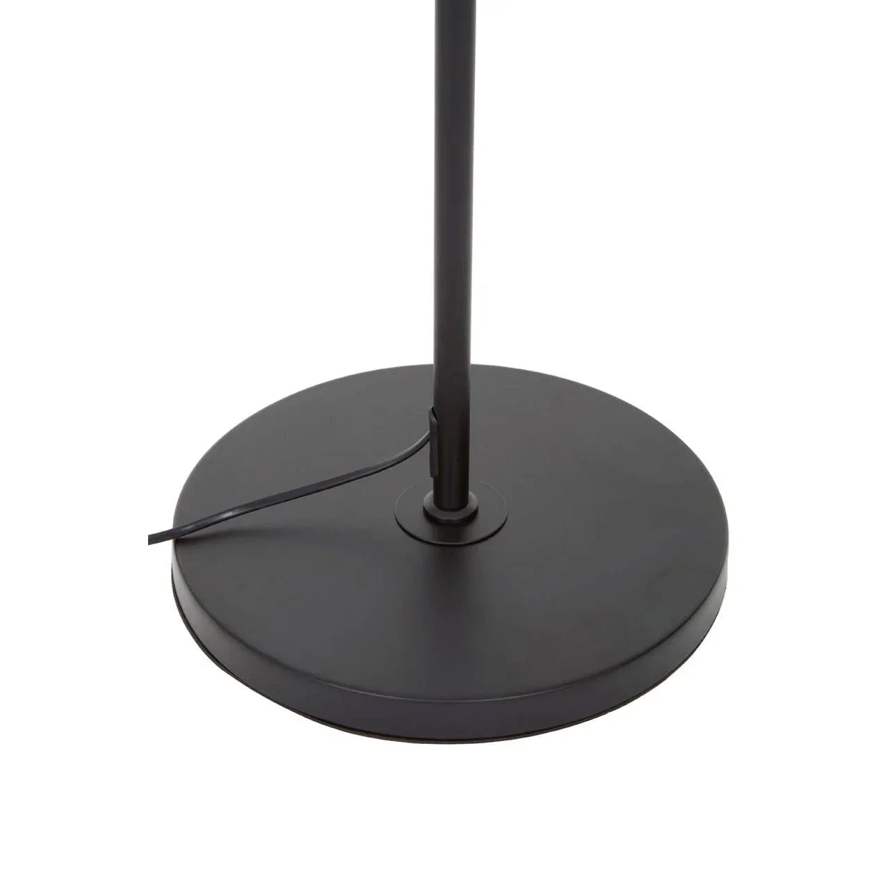 Black metal floor lamp base with round shape and visible power cord