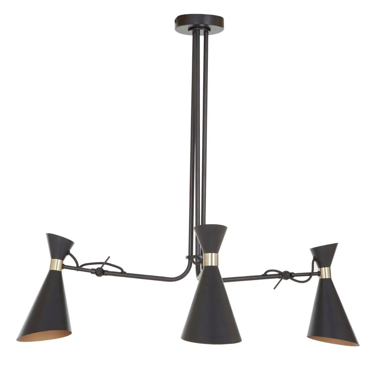 Black metal ceiling light fixture with three adjustable cone-shaped lampshades