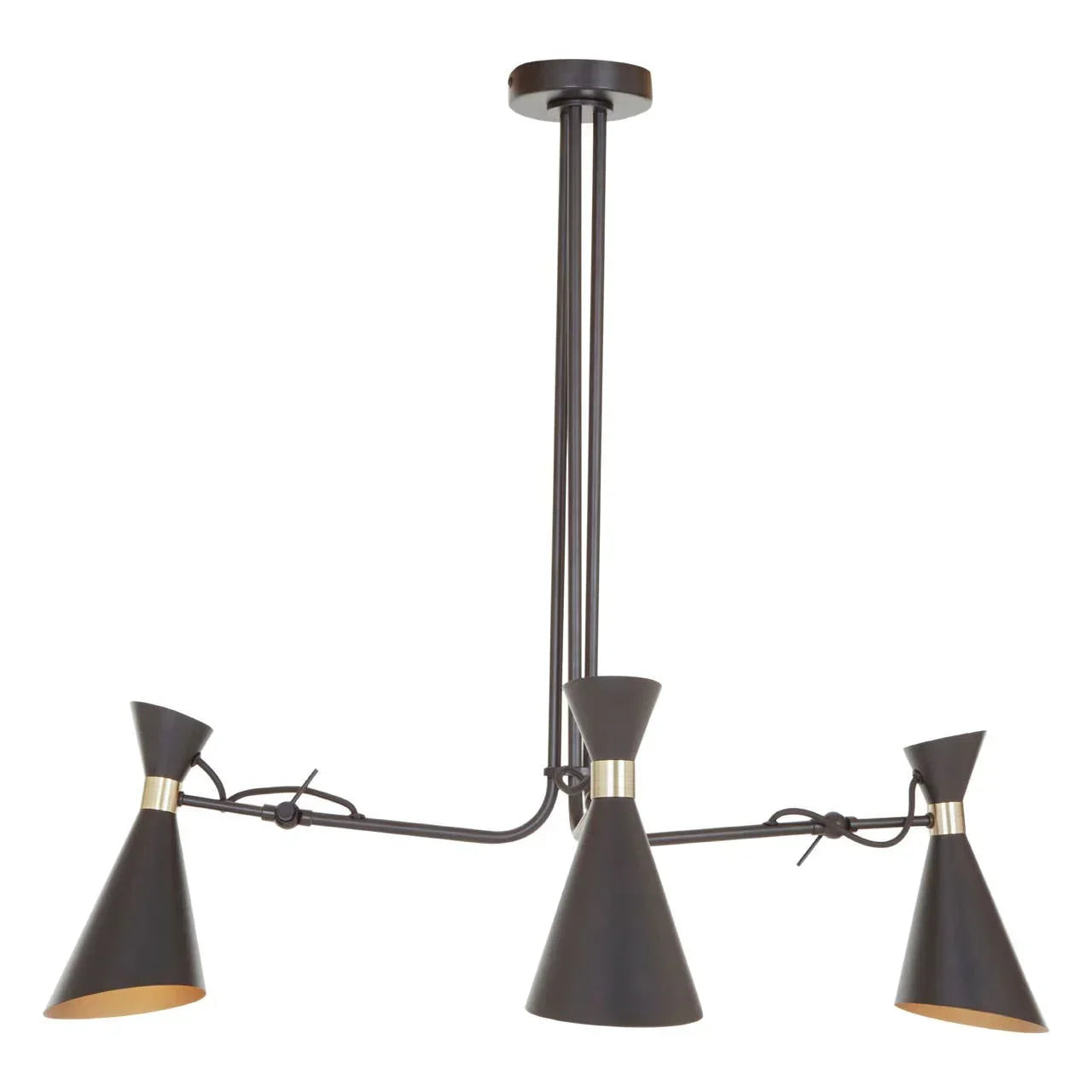 Black metal pendant ceiling light with three cone-shaped lamp shades and gold accents