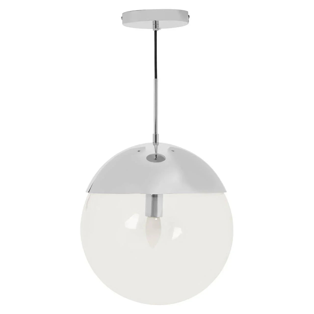 Modern white globe pendant light with chrome ceiling rose and clear glass shade