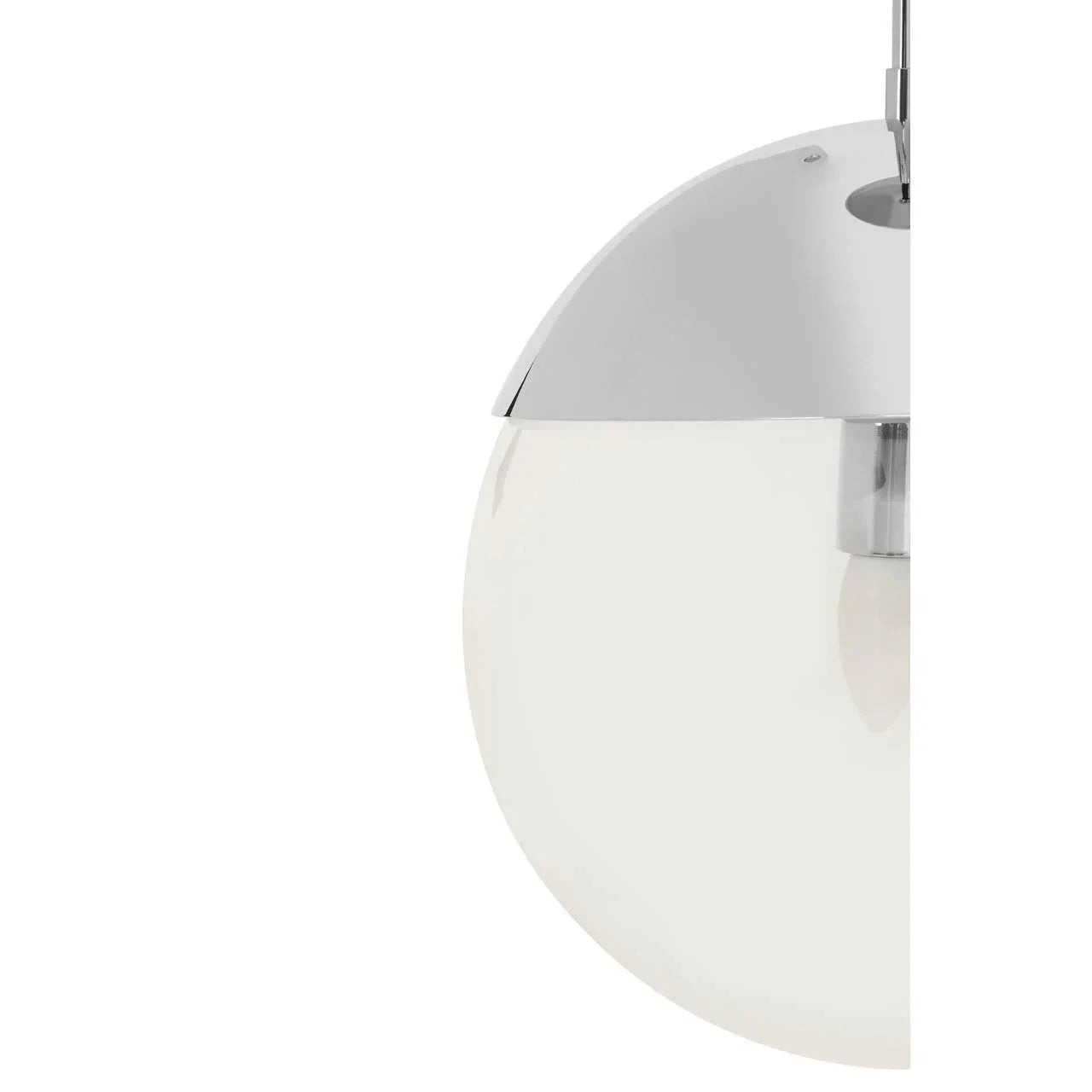 Chrome and white glass pendant light globe closeup with visible hanging fixture