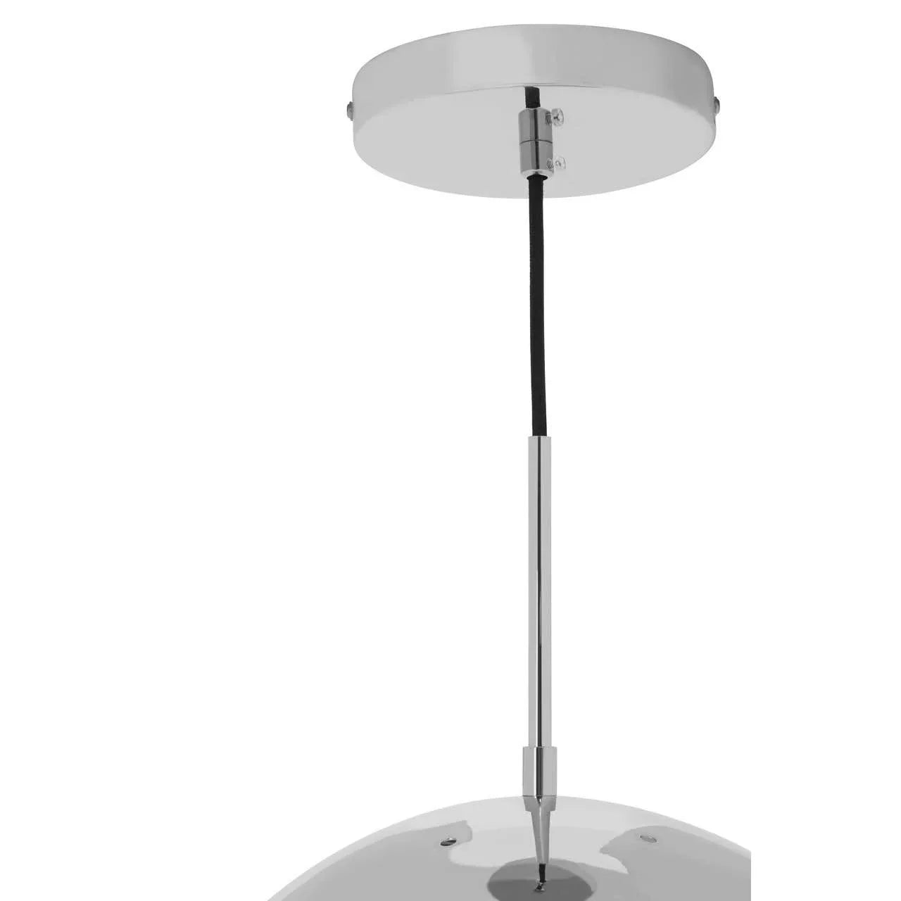 Chrome pendant light ceiling rose with black cable and metal fitting close-up