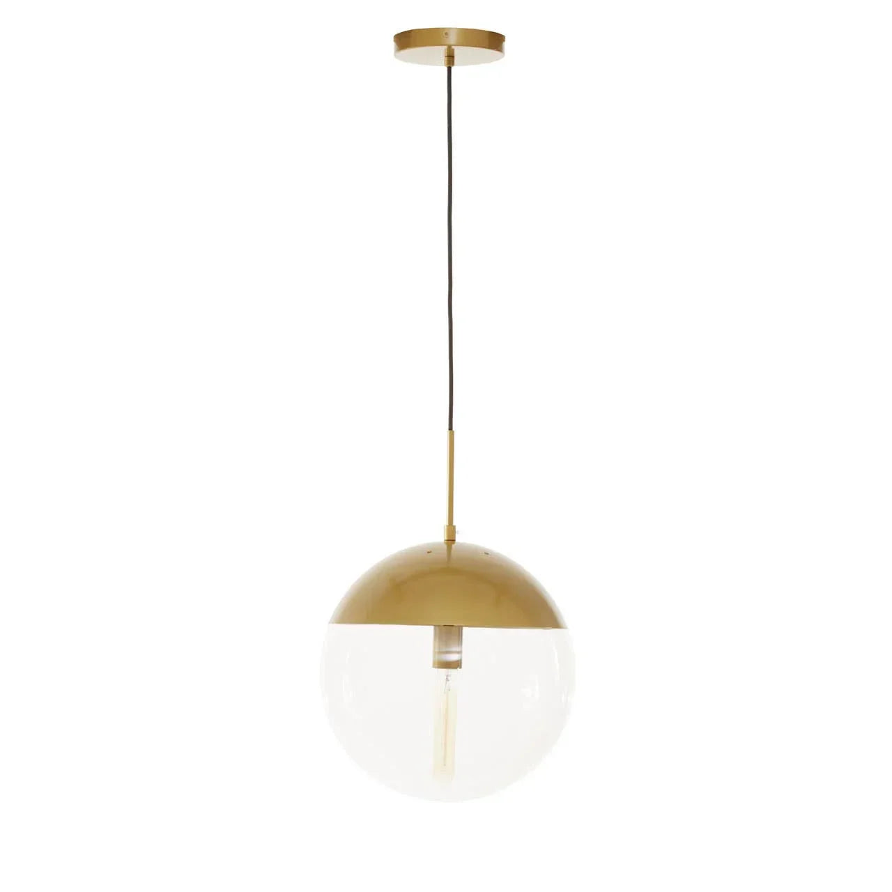 Gold and clear glass pendant light with globe shade and exposed bulb, hanging from ceiling
