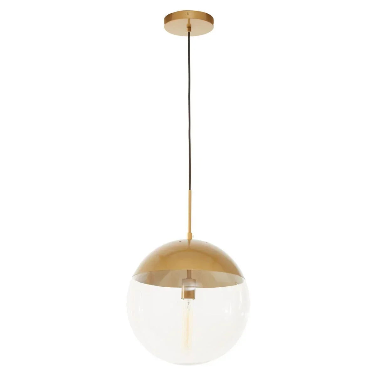 Gold and glass globe pendant light with exposed bulb, suspended from ceiling mount