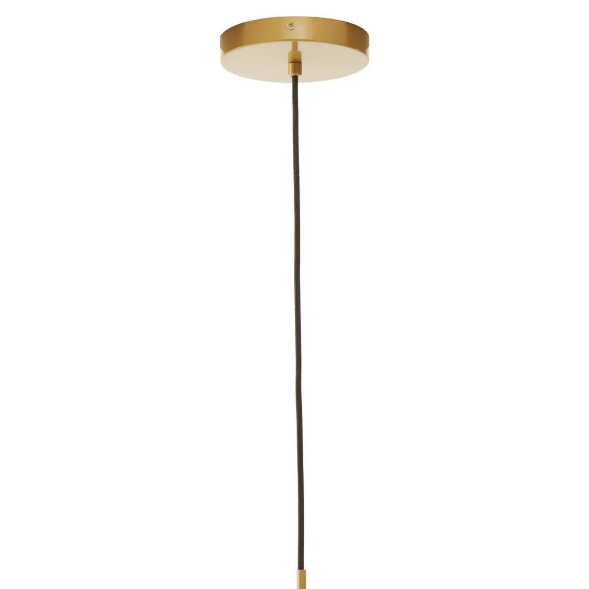 Ceiling view of gold pendant light fitting with black cord