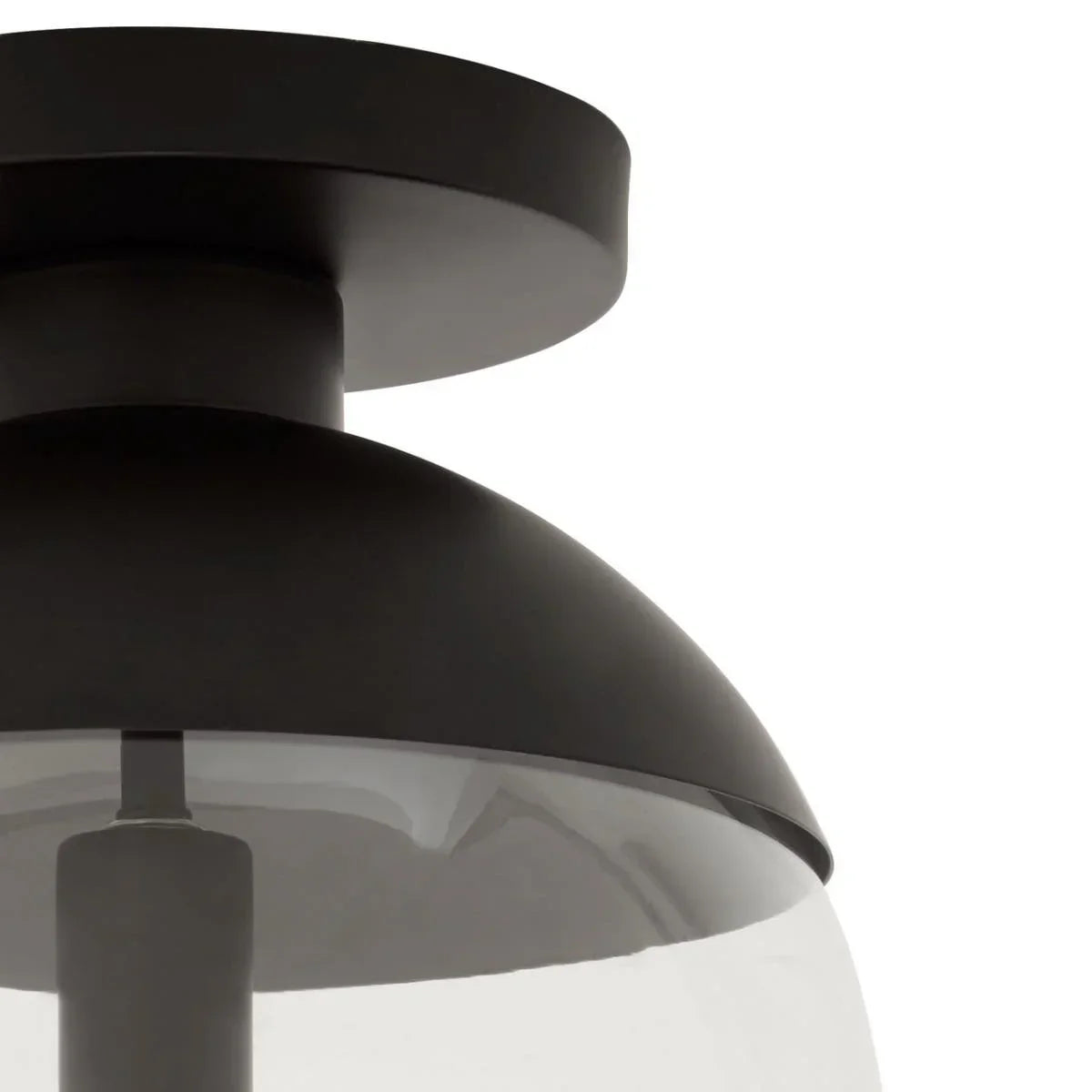 Black metal ceiling light fixture with clear glass shade, close-up view