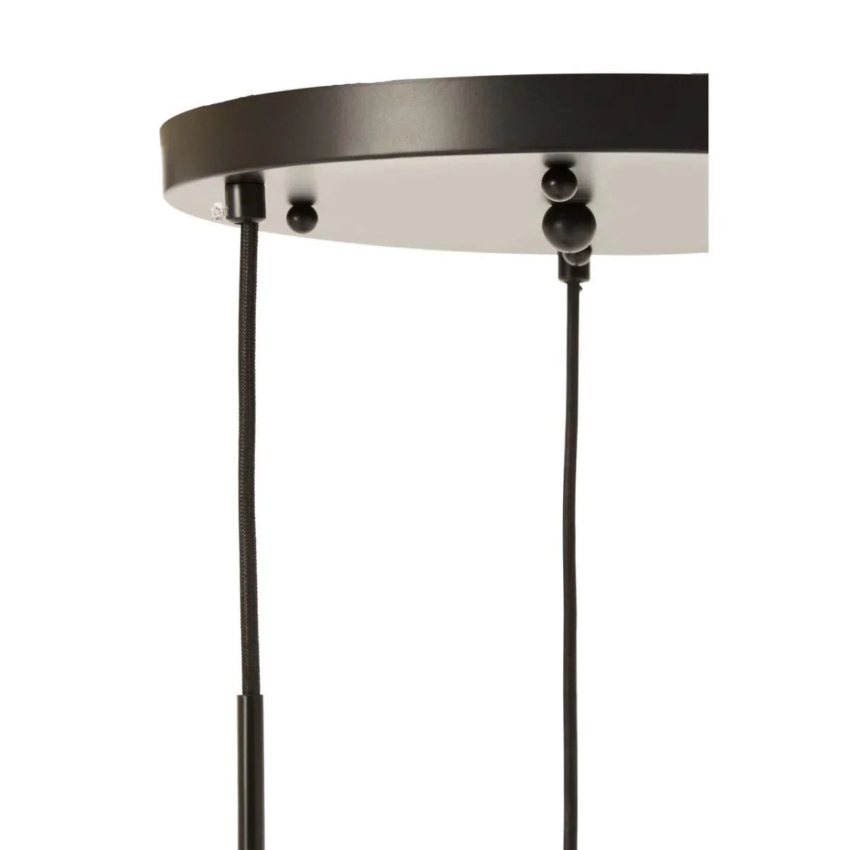 Black metal pendant light ceiling rose with visible hanging cables