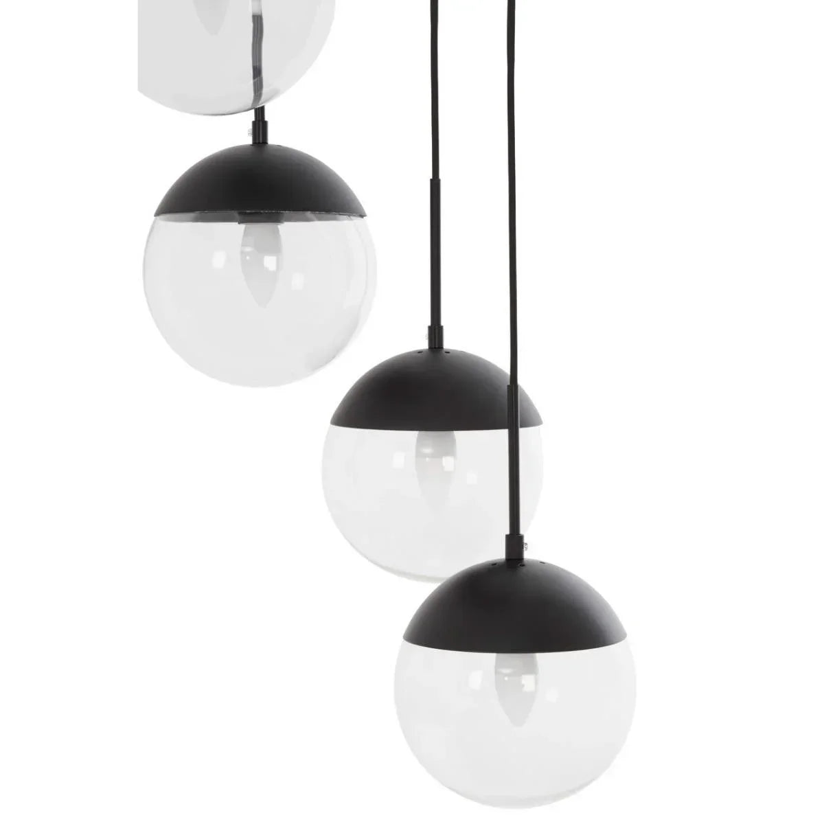 Modern pendant light with three black and clear glass globe shades