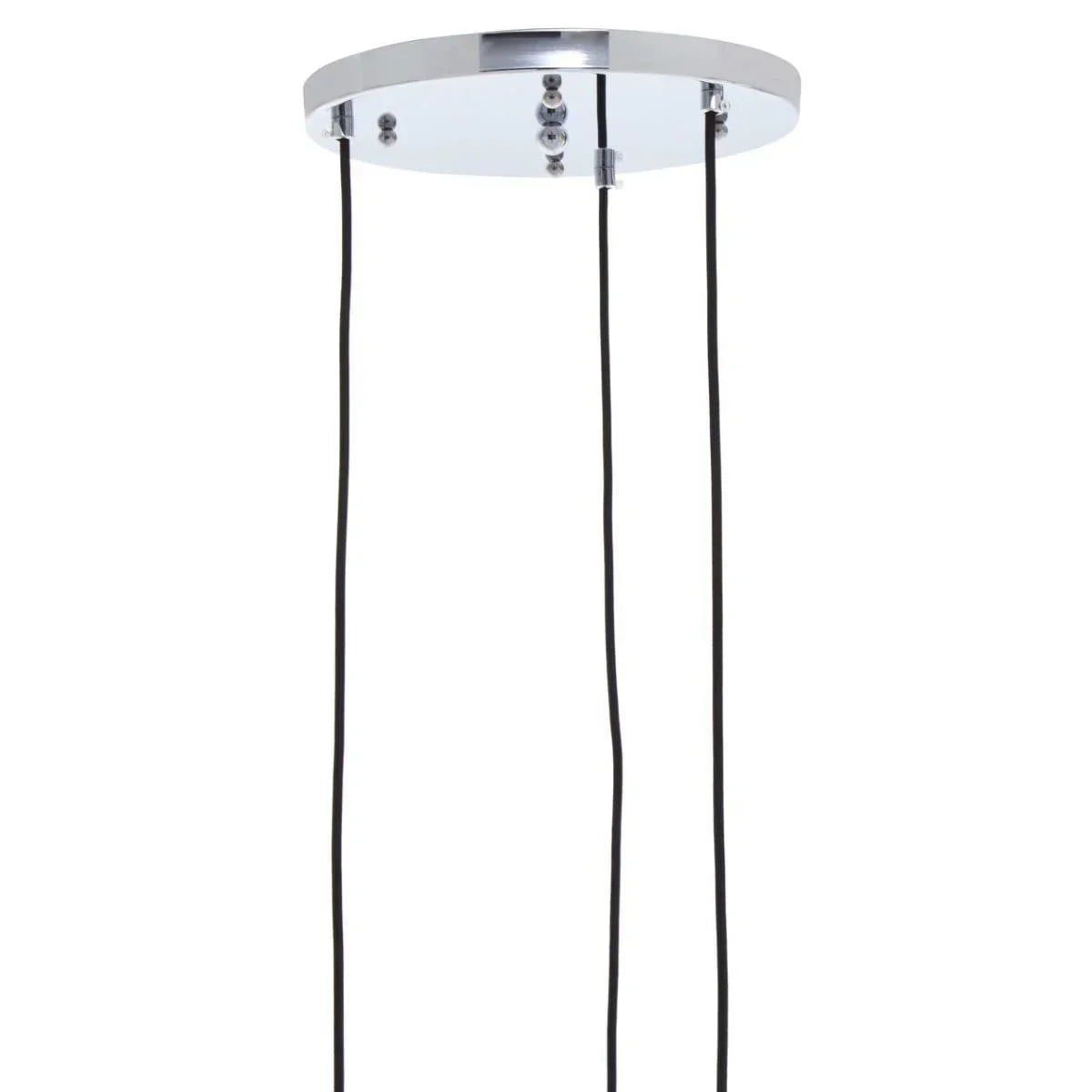 Chrome ceiling rose with two black pendant light cables hanging down