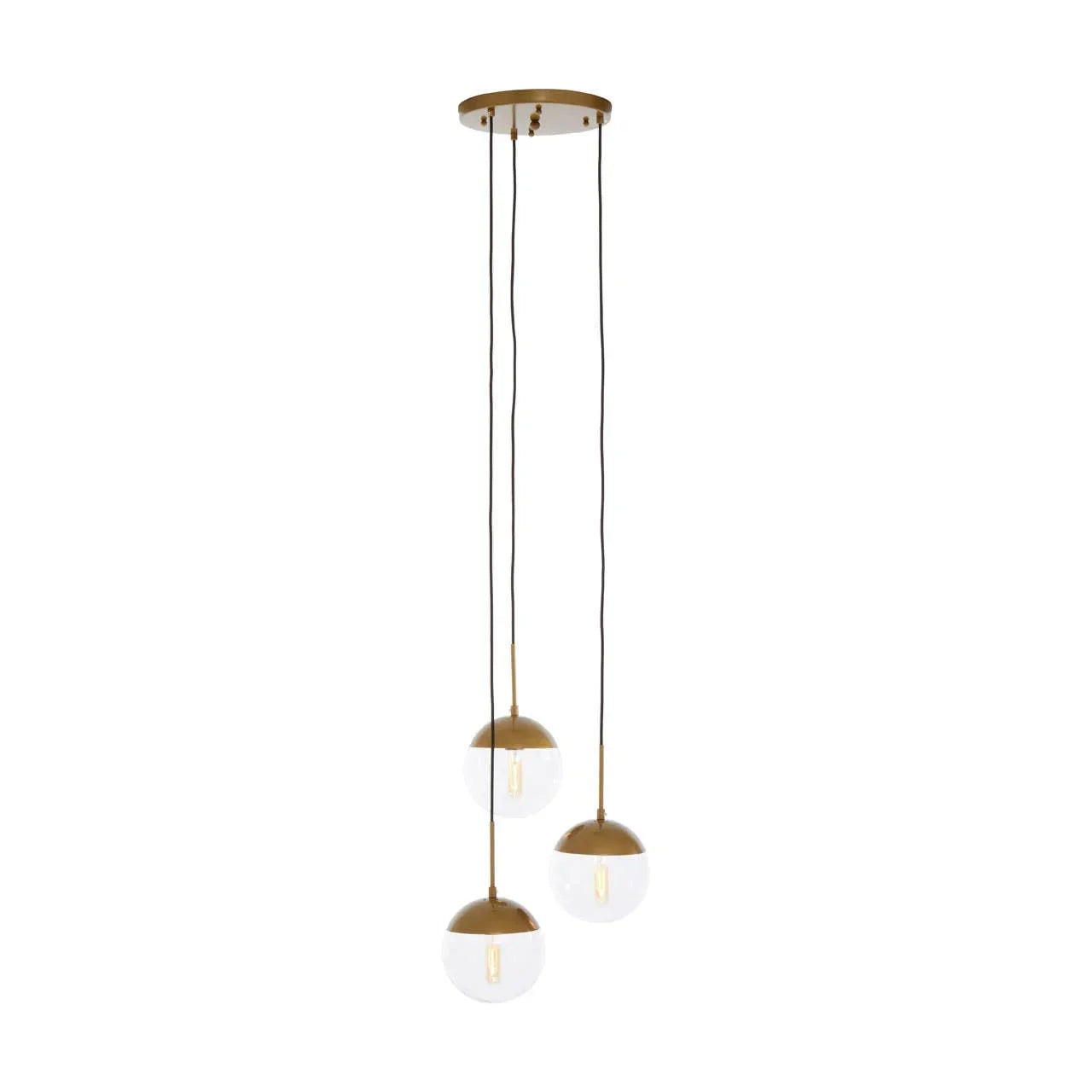 Triple globe pendant light with gold finish and transparent glass shades hanging from ceiling