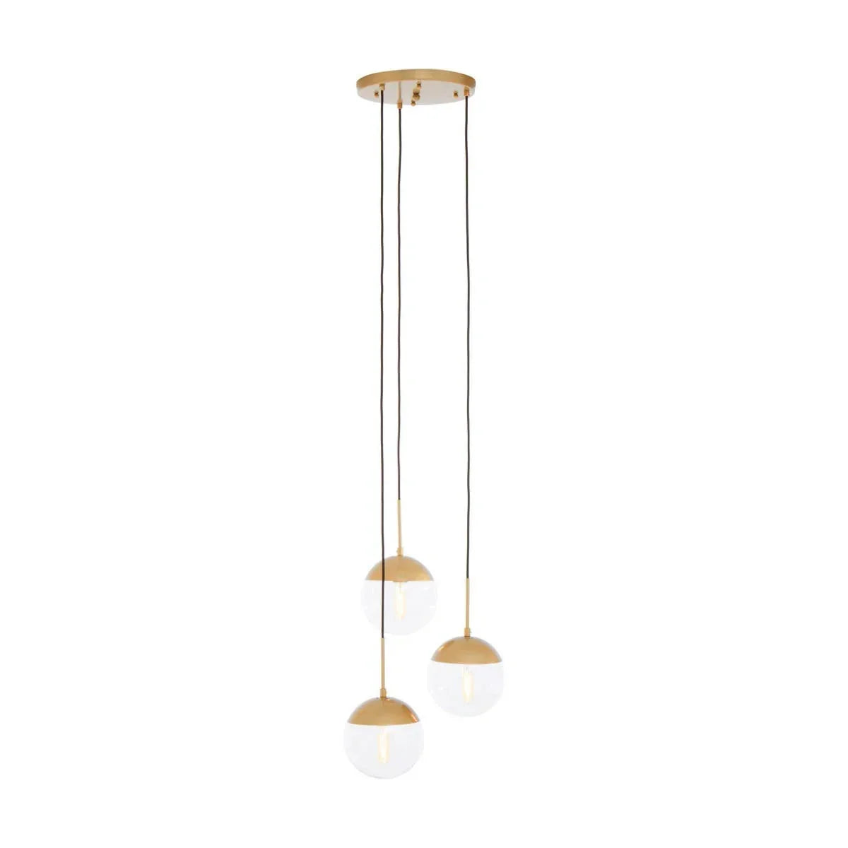 Gold and glass pendant ceiling light with three globe shades hanging at different heights
