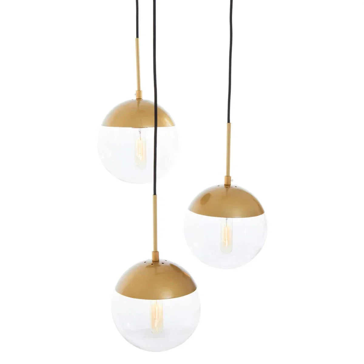 Modern glass and gold pendant lighting cluster with exposed bulbs and black cords