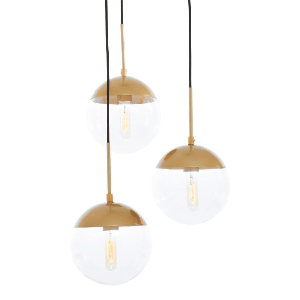 Gold and clear glass globe pendant ceiling light fixture with three hanging bulbs