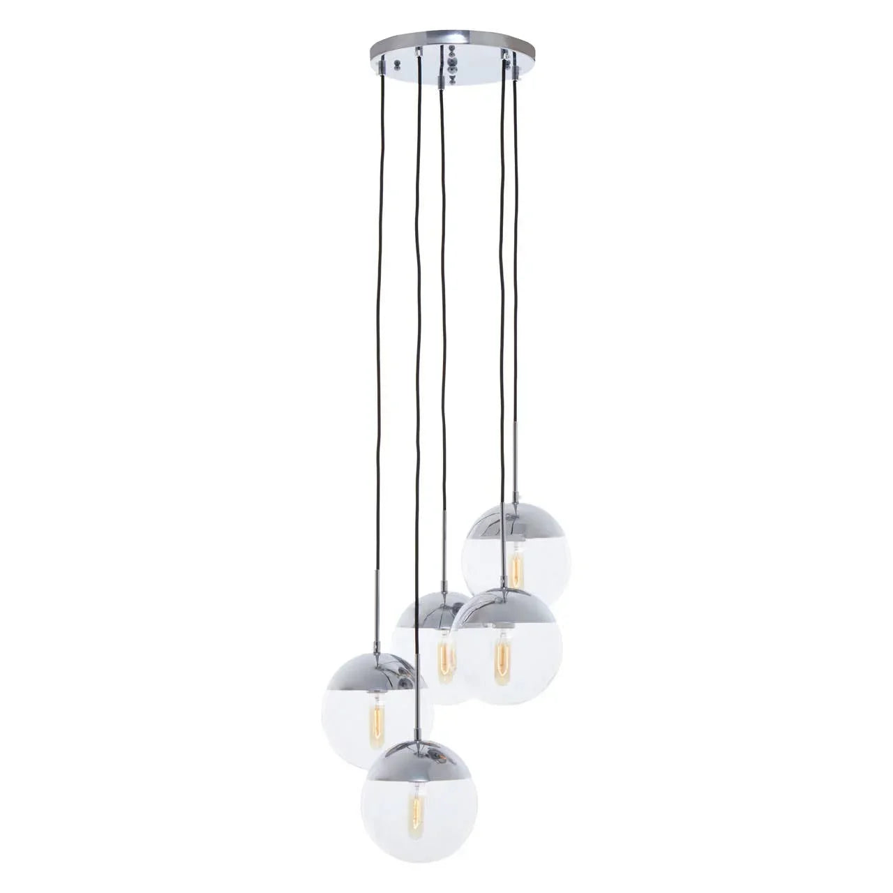 Chrome pendant ceiling light with five glass globe shades hanging at varied lengths