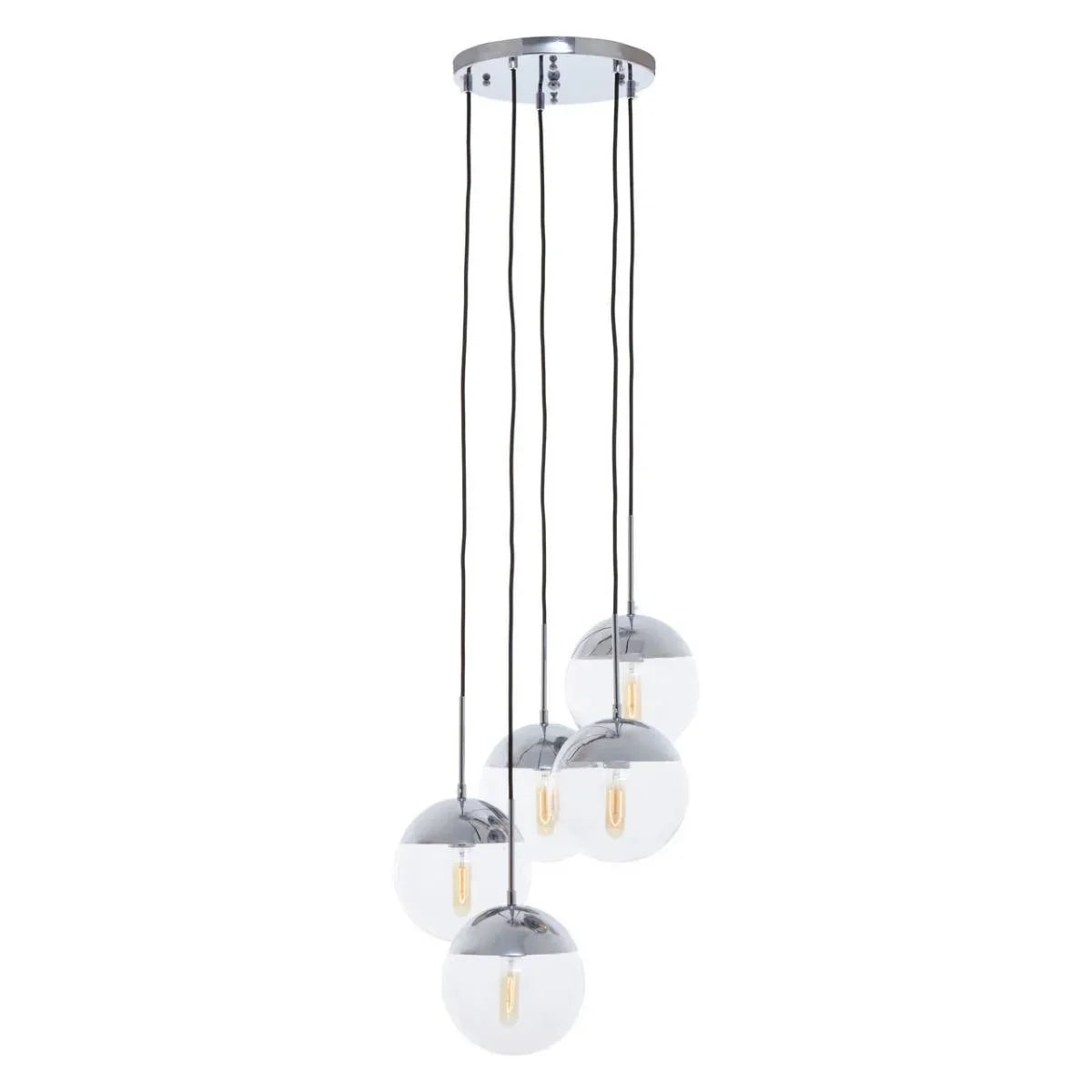 Chrome cluster pendant light with five round glass globe shades